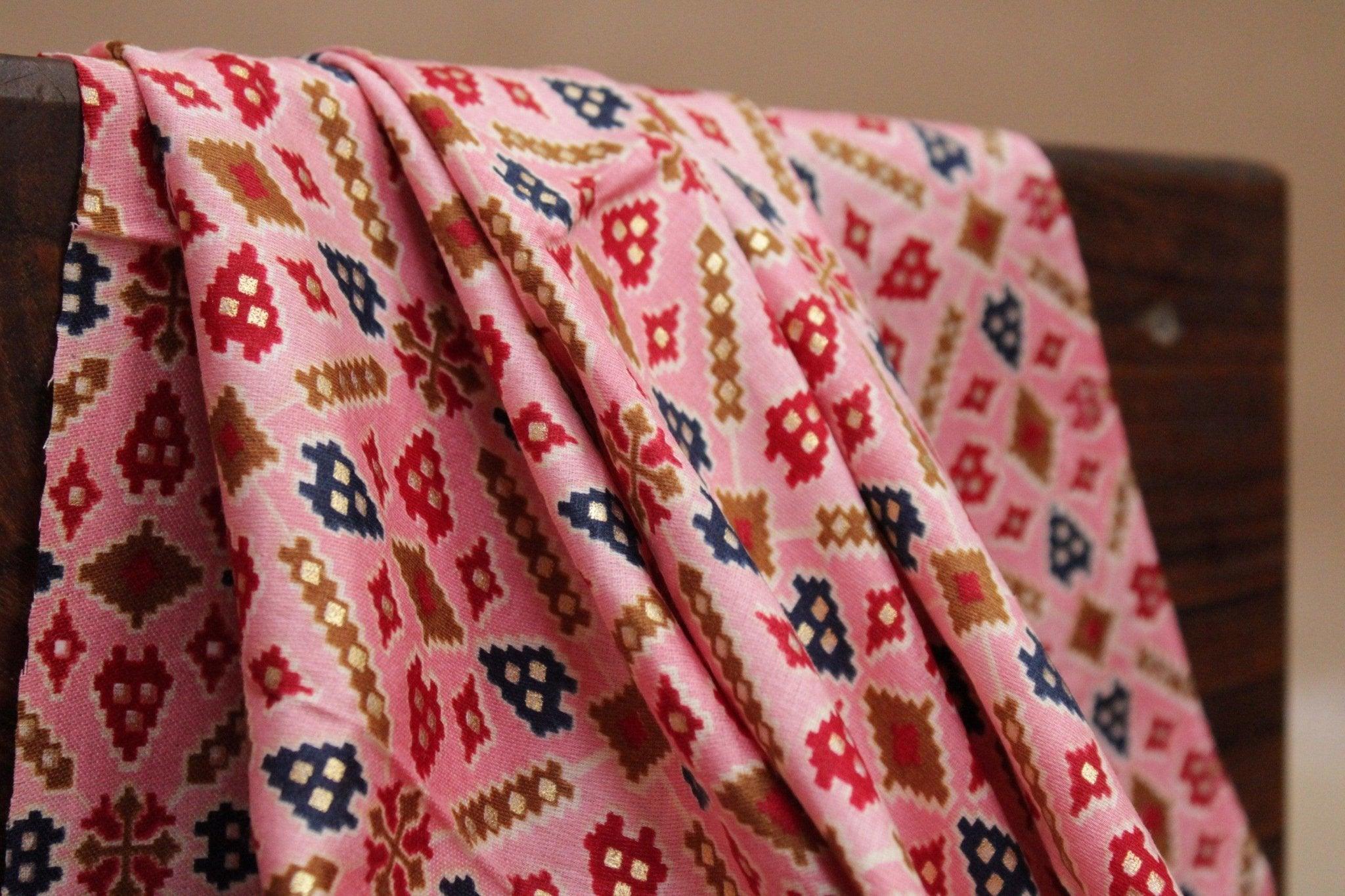 Cotton Satin Patola Foil Print Fabric - Water Pink - M'Foks