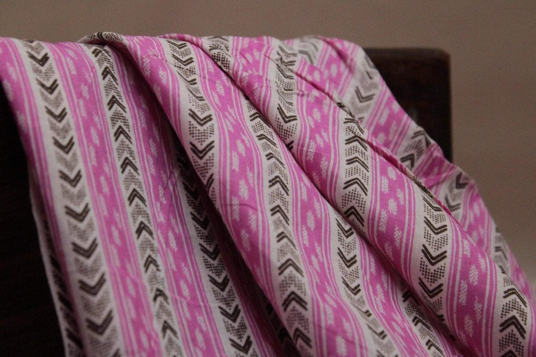 Cotton Stripe Screen Block Print Fabric - Pink - M'Foks