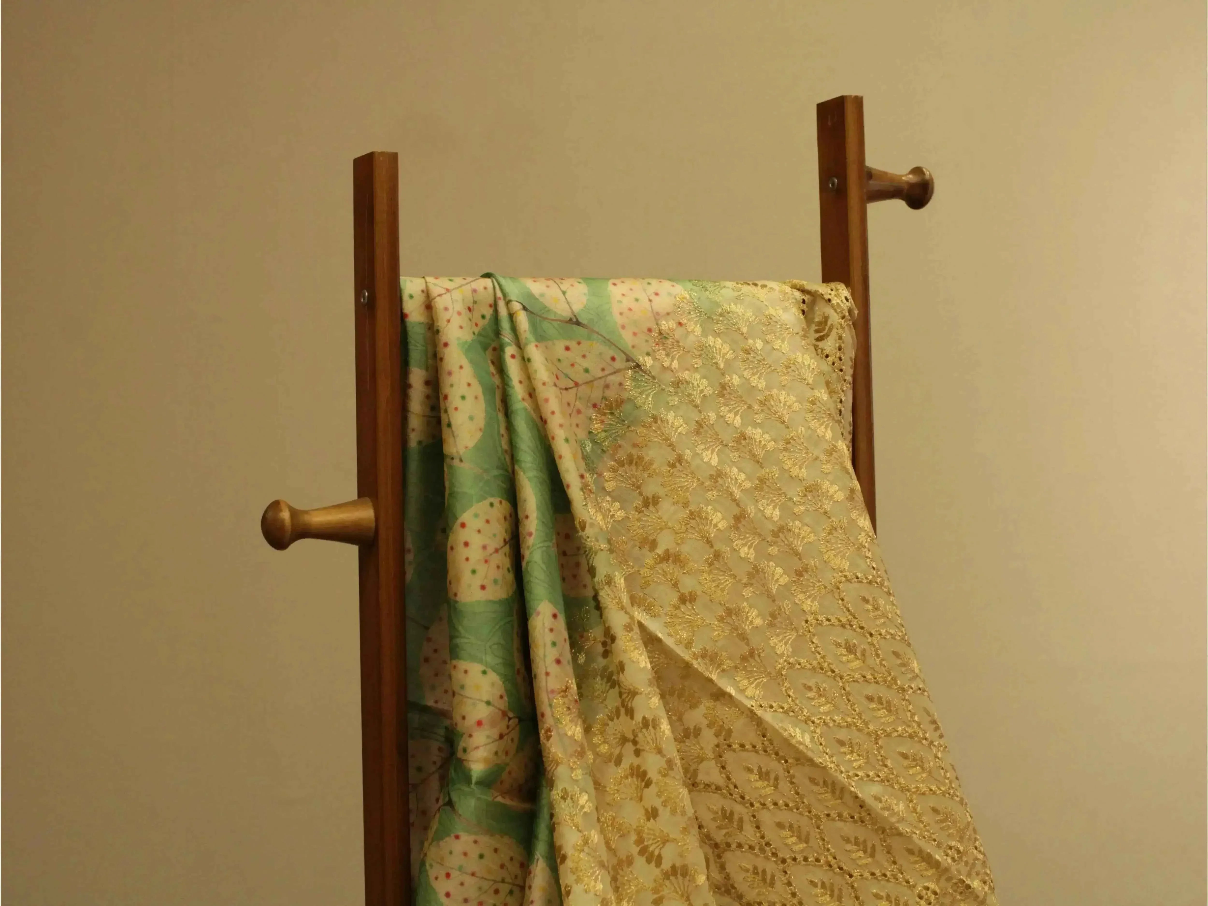 Digital Printed Silk-Texture Fabric with Panel Zari Embroidery