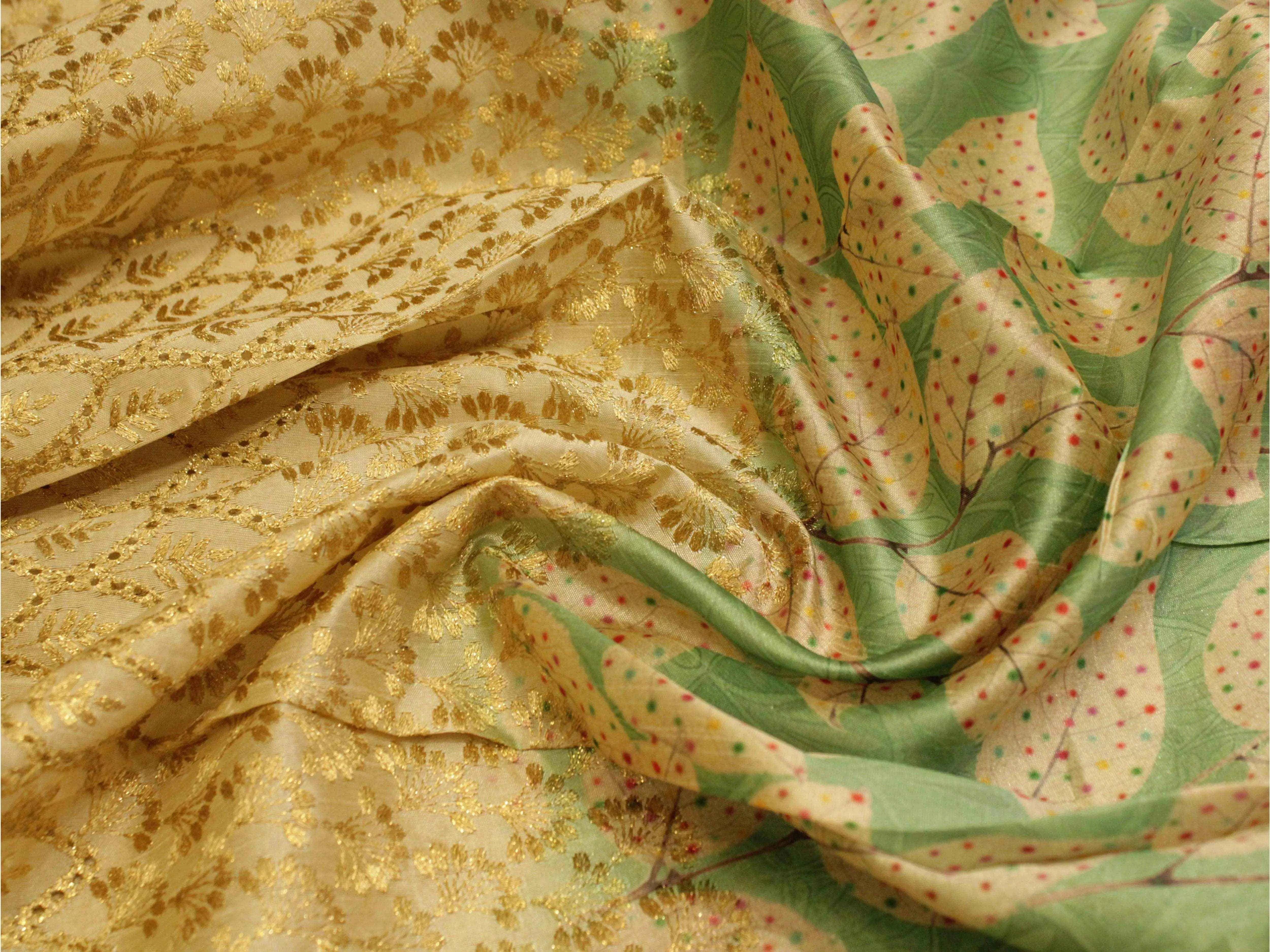 Digital Printed Silk-Texture Fabric with Panel Zari Embroidery
