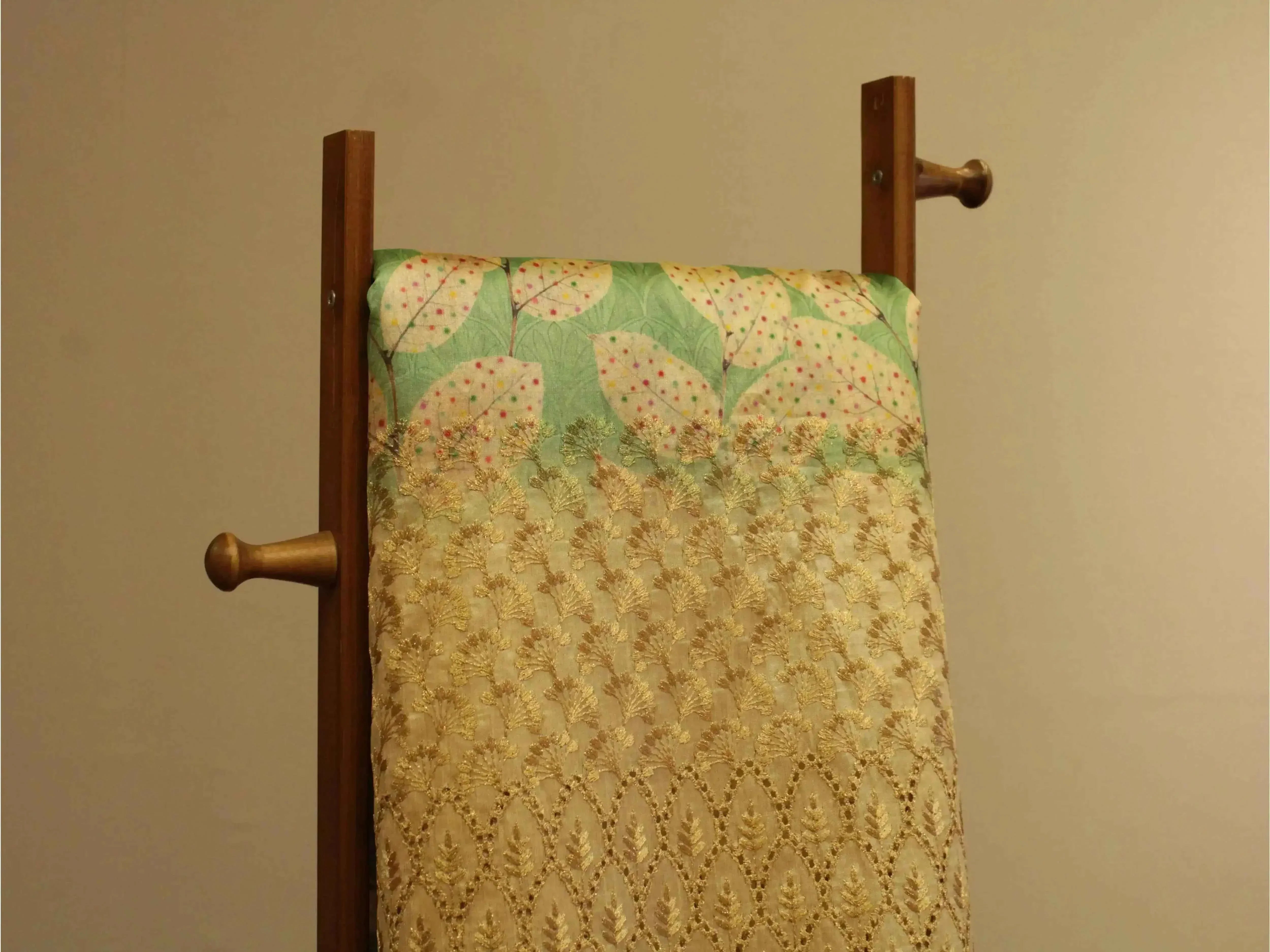 Digital Printed Silk-Texture Fabric with Panel Zari Embroidery