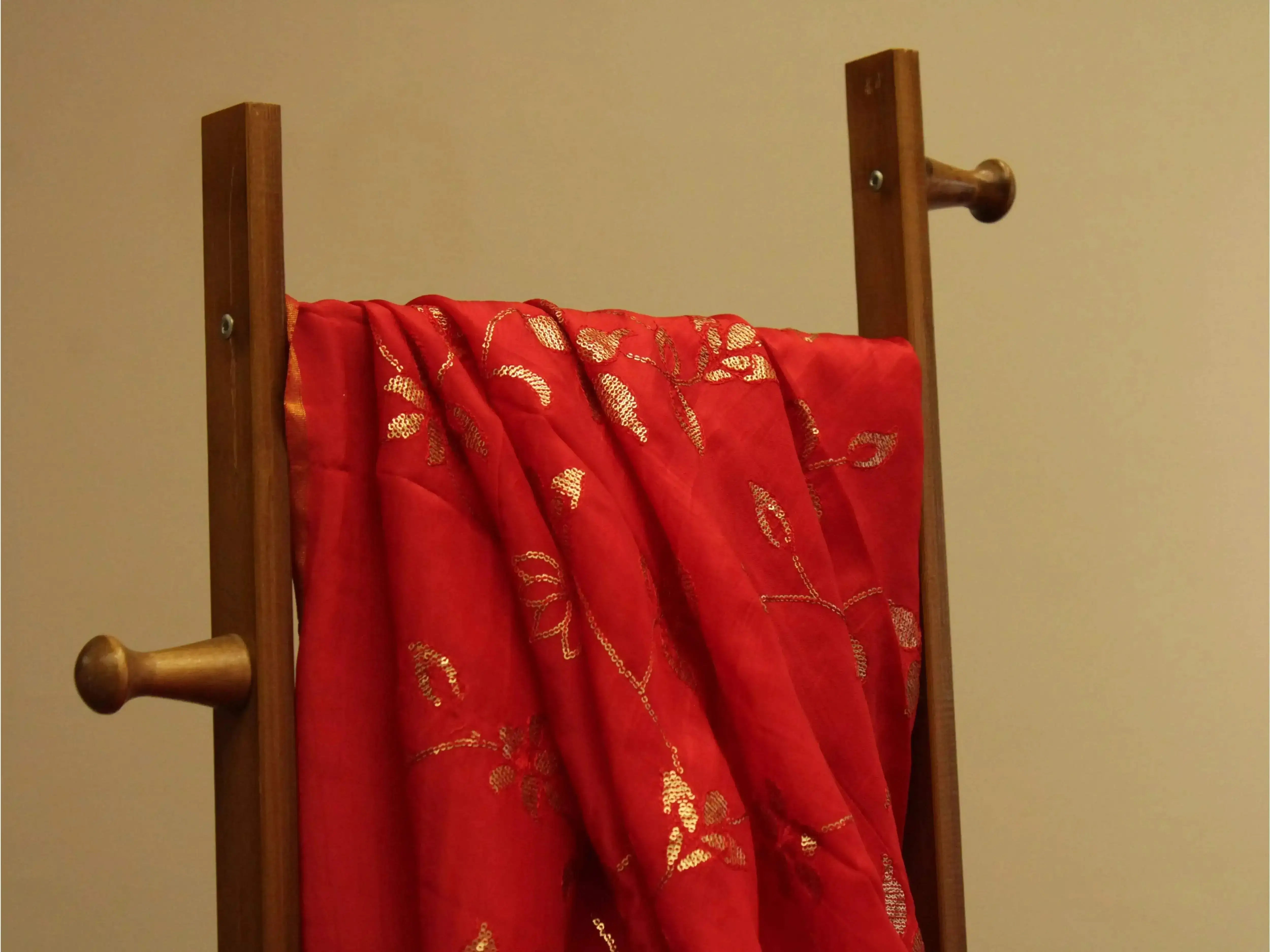 Micro Sequin Jaal Work Uppada Silk Fabric - Red - M'Foks