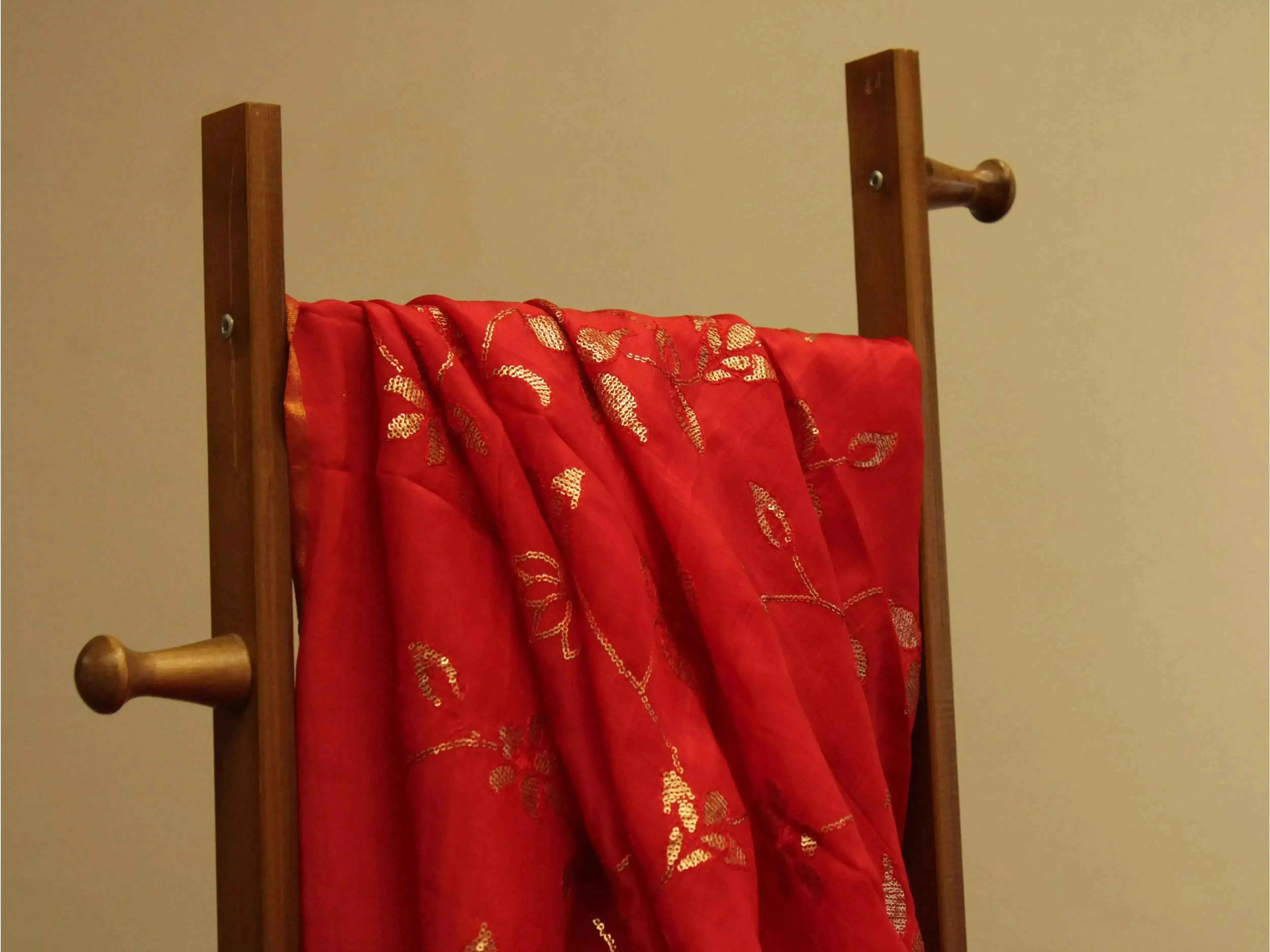 Micro Sequin Jaal Work Uppada Silk Fabric - Red