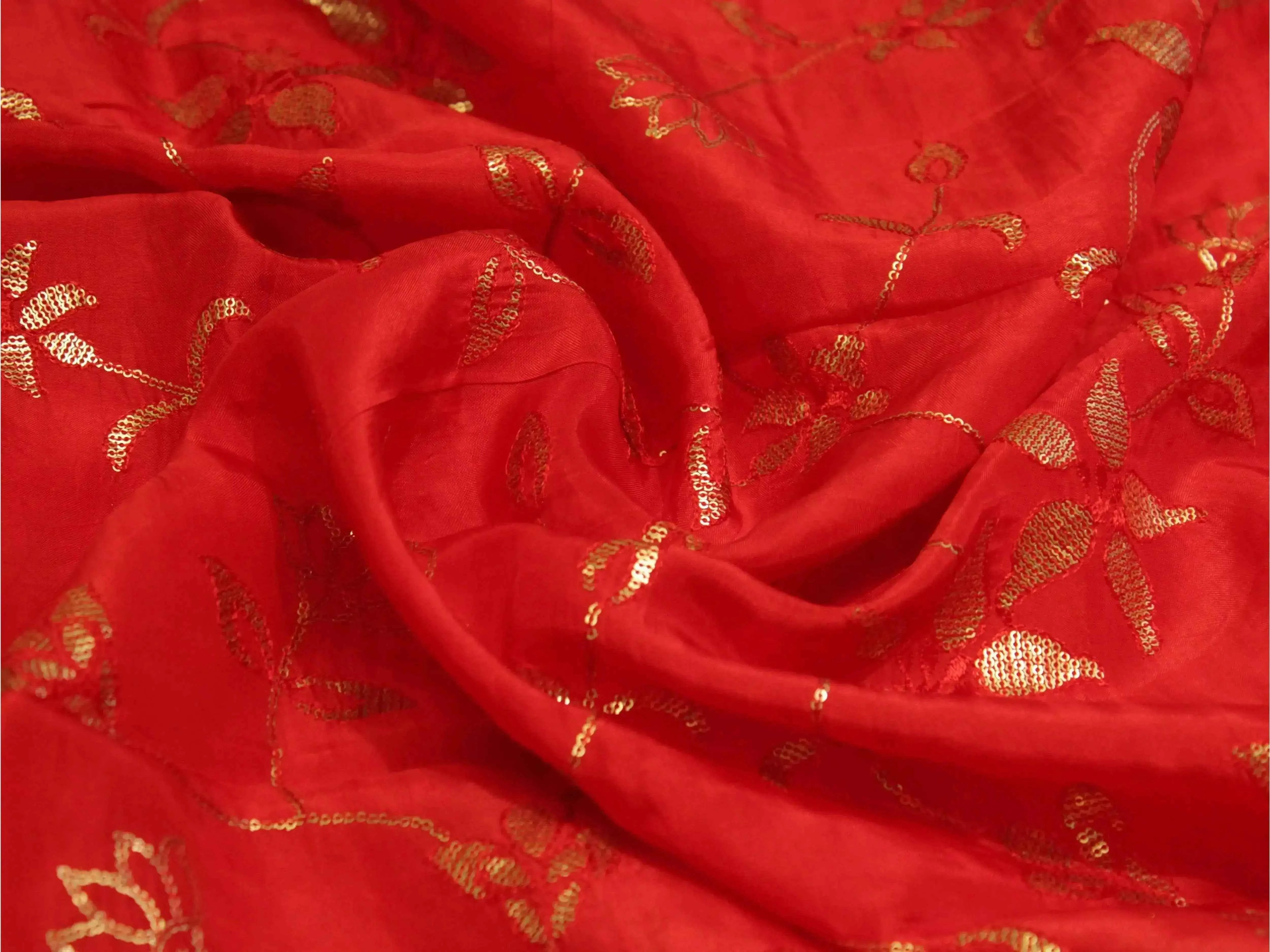 Micro Sequin Jaal Work Uppada Silk Fabric - Red