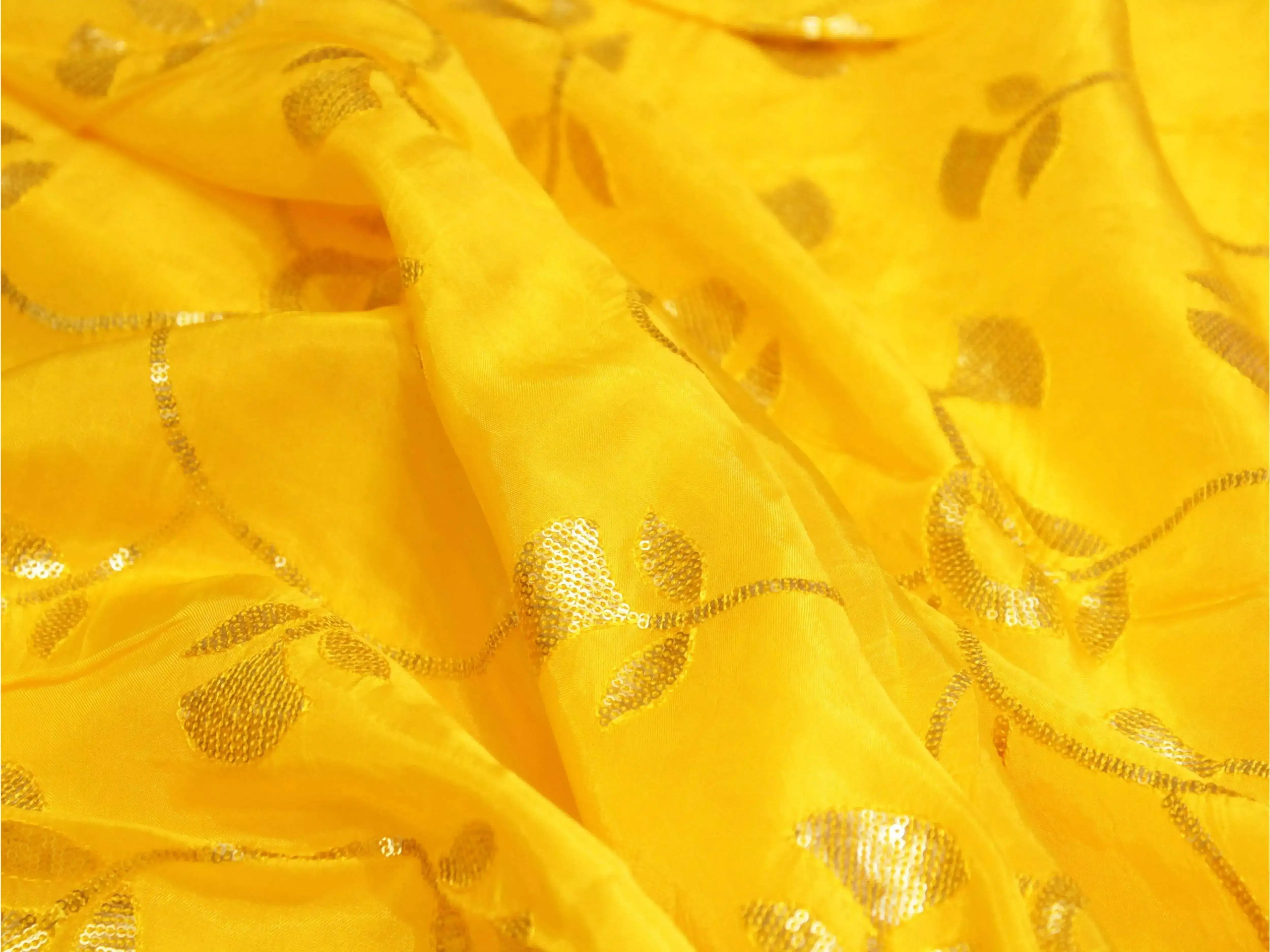 Micro Sequin Jaal Work Uppada Silk Fabric - Yellow - M'Foks