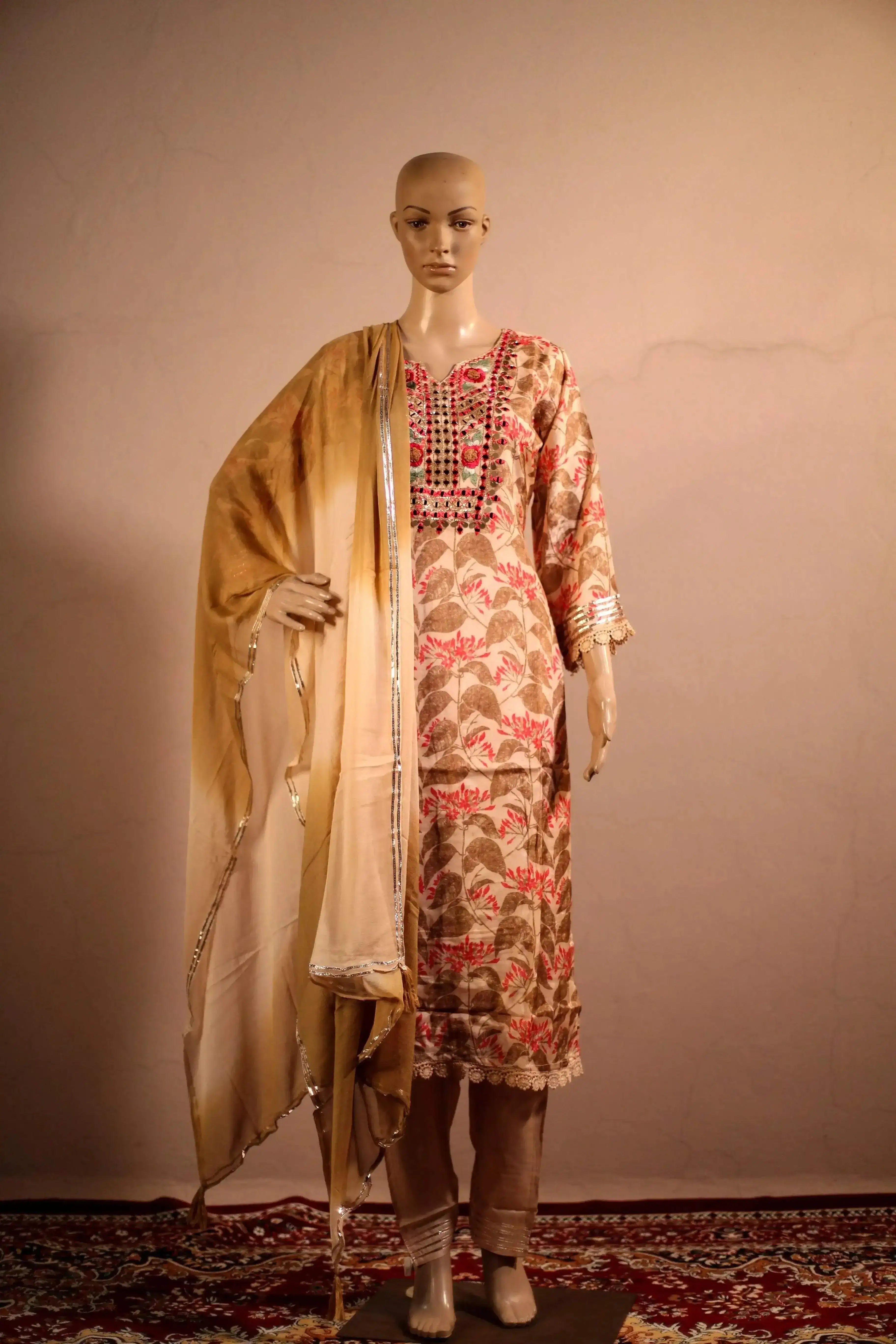 Midnight X M'Foks - Modal Silk Floral Hand Work Kurta With Dupatta & Pant - Beige - M'Foks