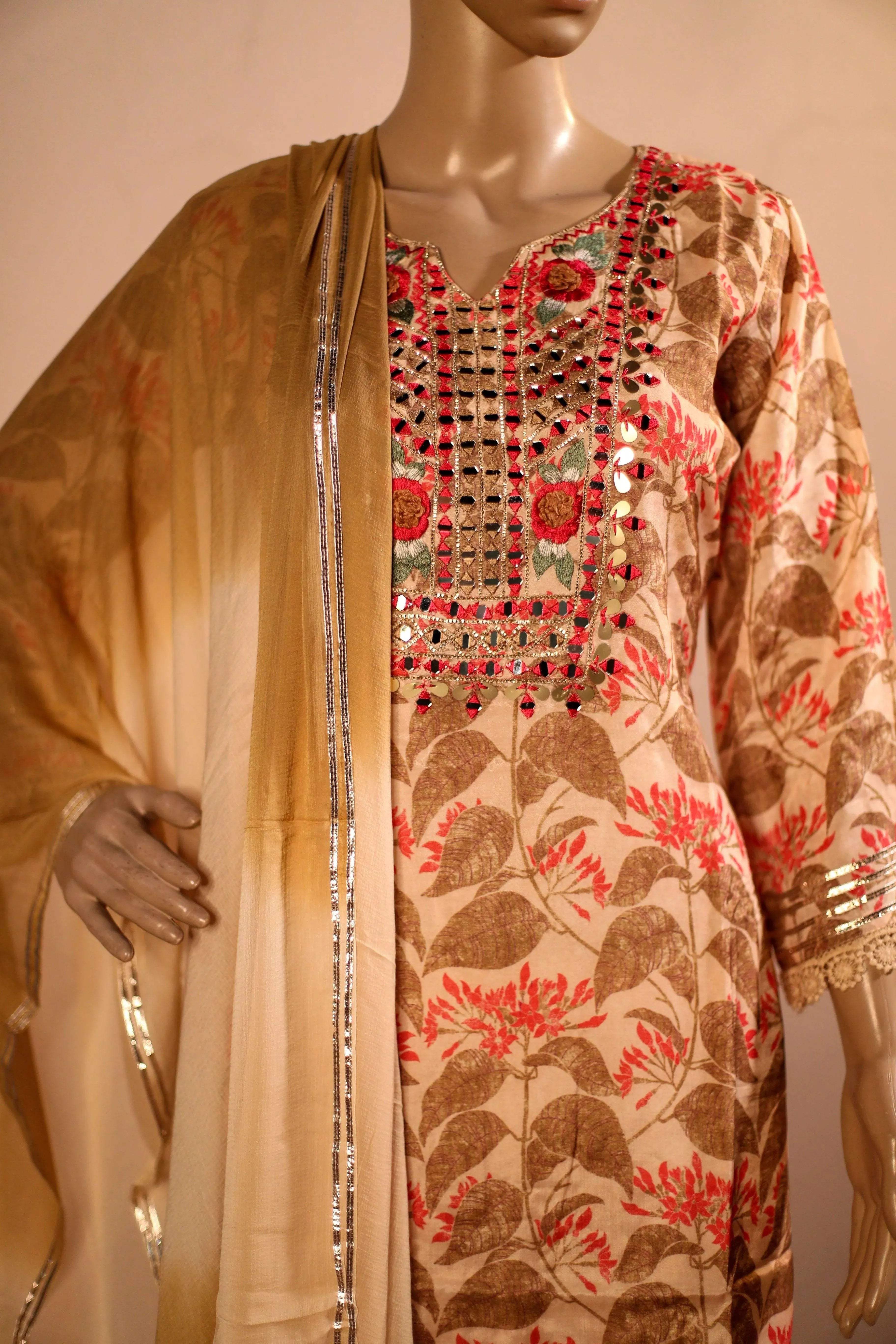 Midnight X M'Foks - Modal Silk Floral Hand Work Kurta With Dupatta & Pant - Beige - M'Foks