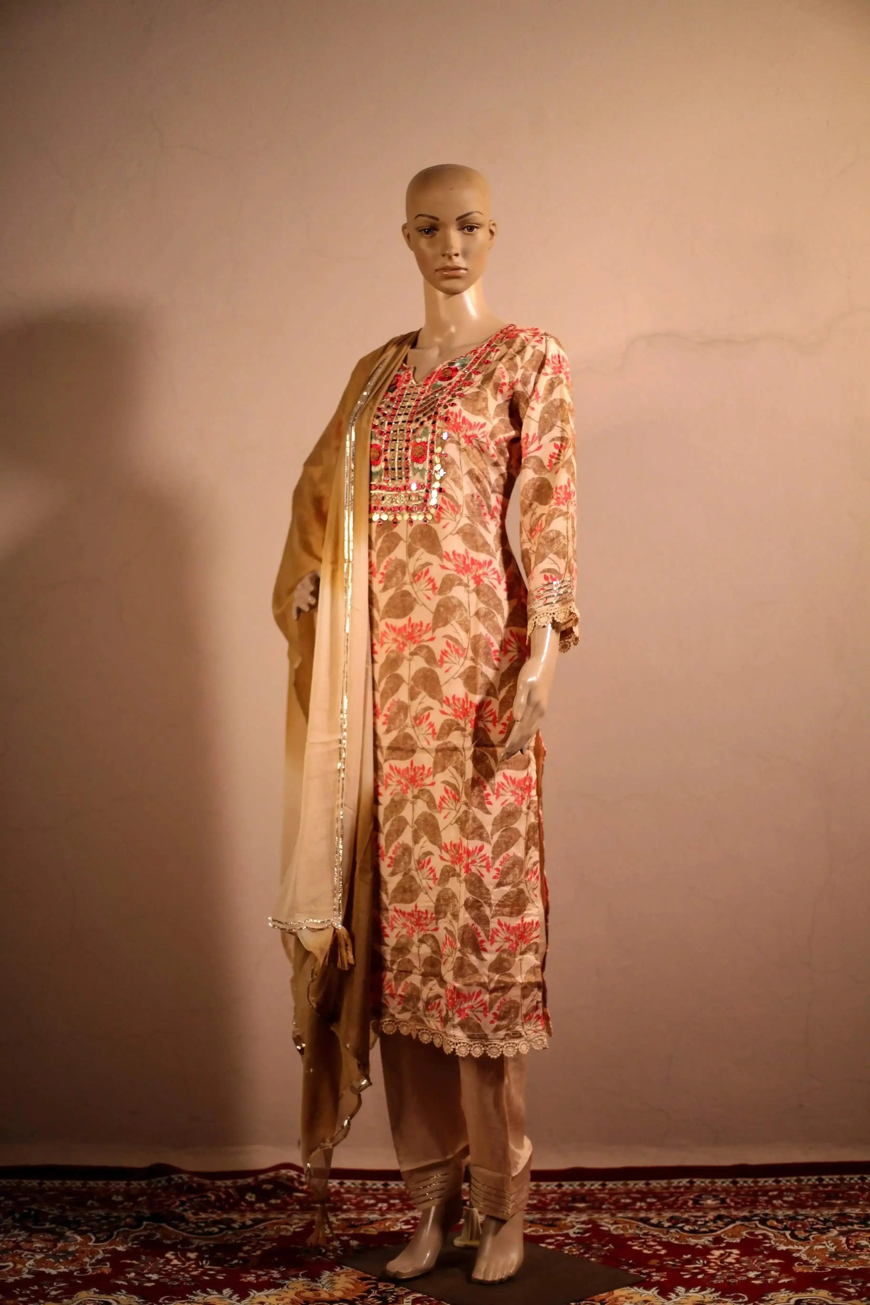Midnight X M'Foks - Modal Silk Floral Hand Work Kurta With Dupatta & Pant - Beige - M'Foks