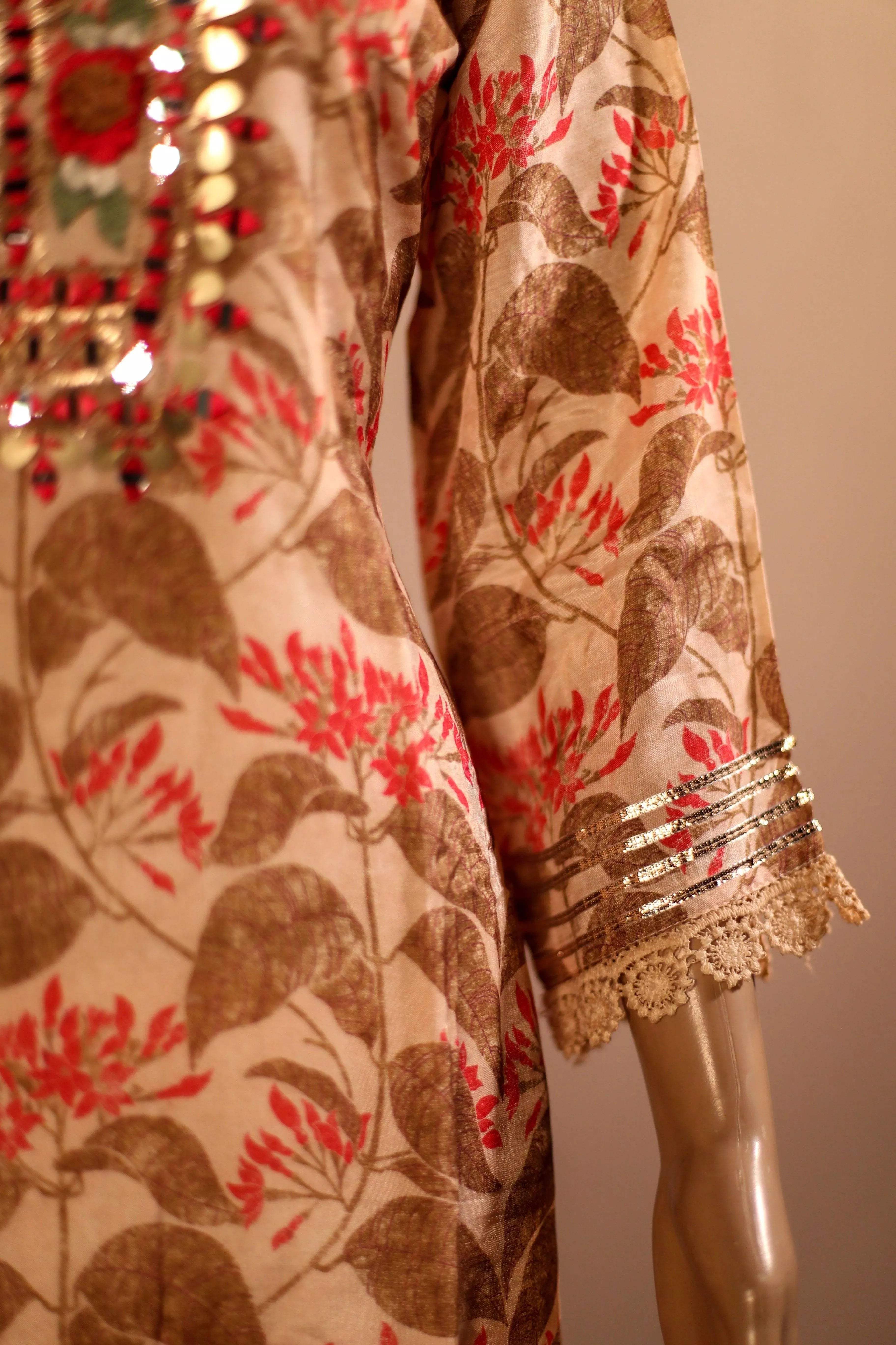 Midnight X M'Foks - Modal Silk Floral Hand Work Kurta With Dupatta & Pant - Beige - M'Foks