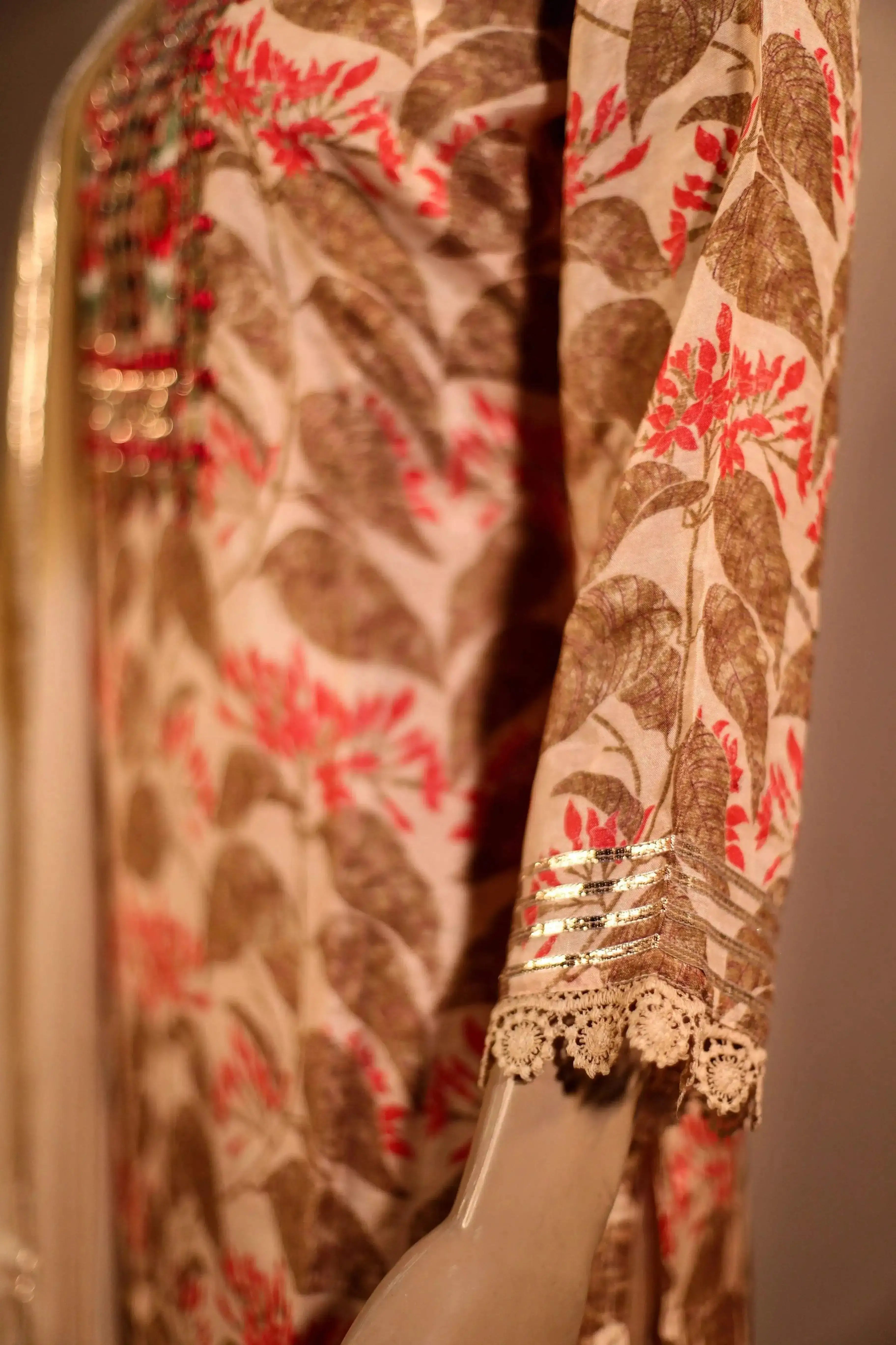 Midnight X M'Foks - Modal Silk Floral Hand Work Kurta With Dupatta & Pant - Beige - M'Foks