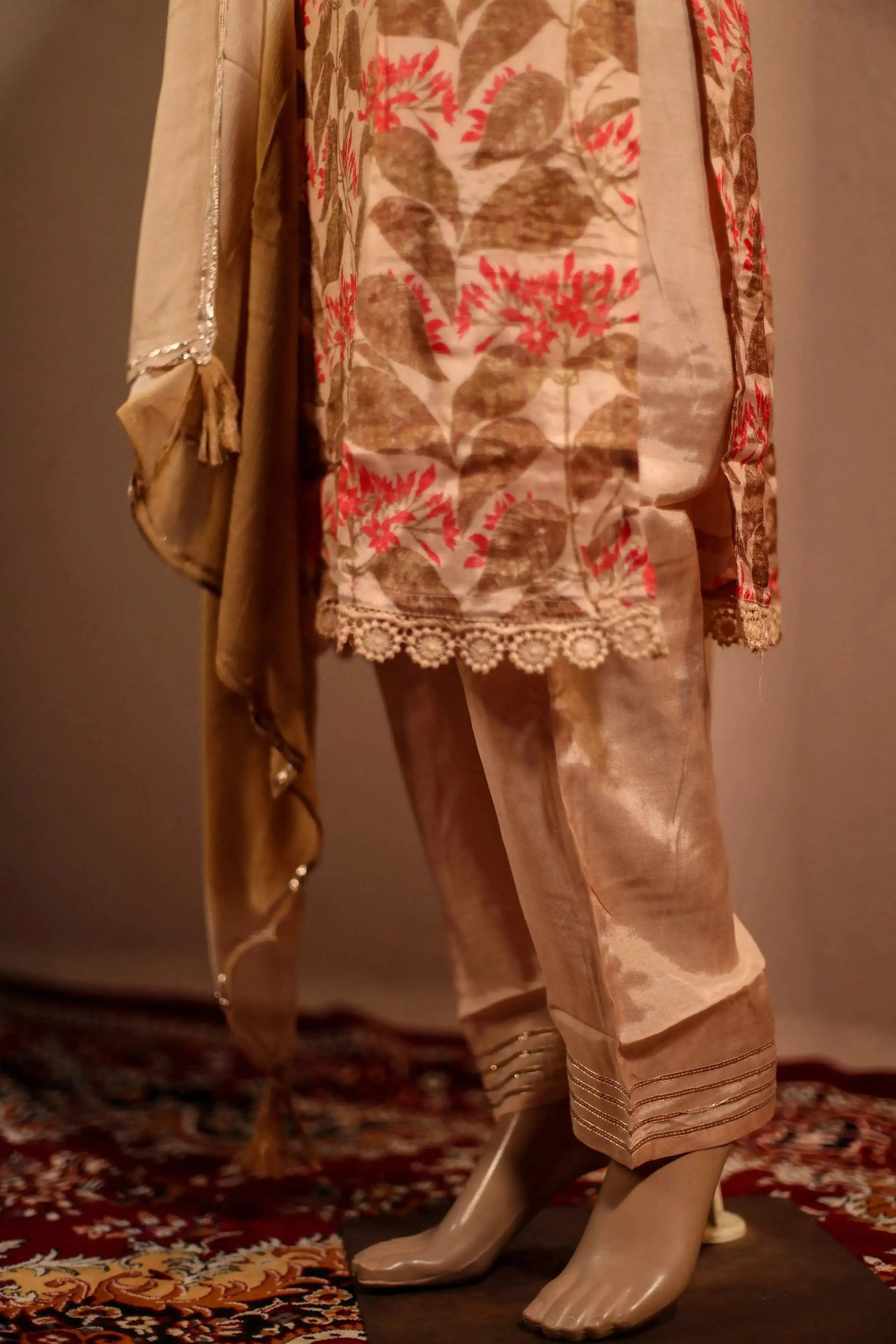 Midnight X M'Foks - Modal Silk Floral Hand Work Kurta With Dupatta & Pant - Beige - M'Foks