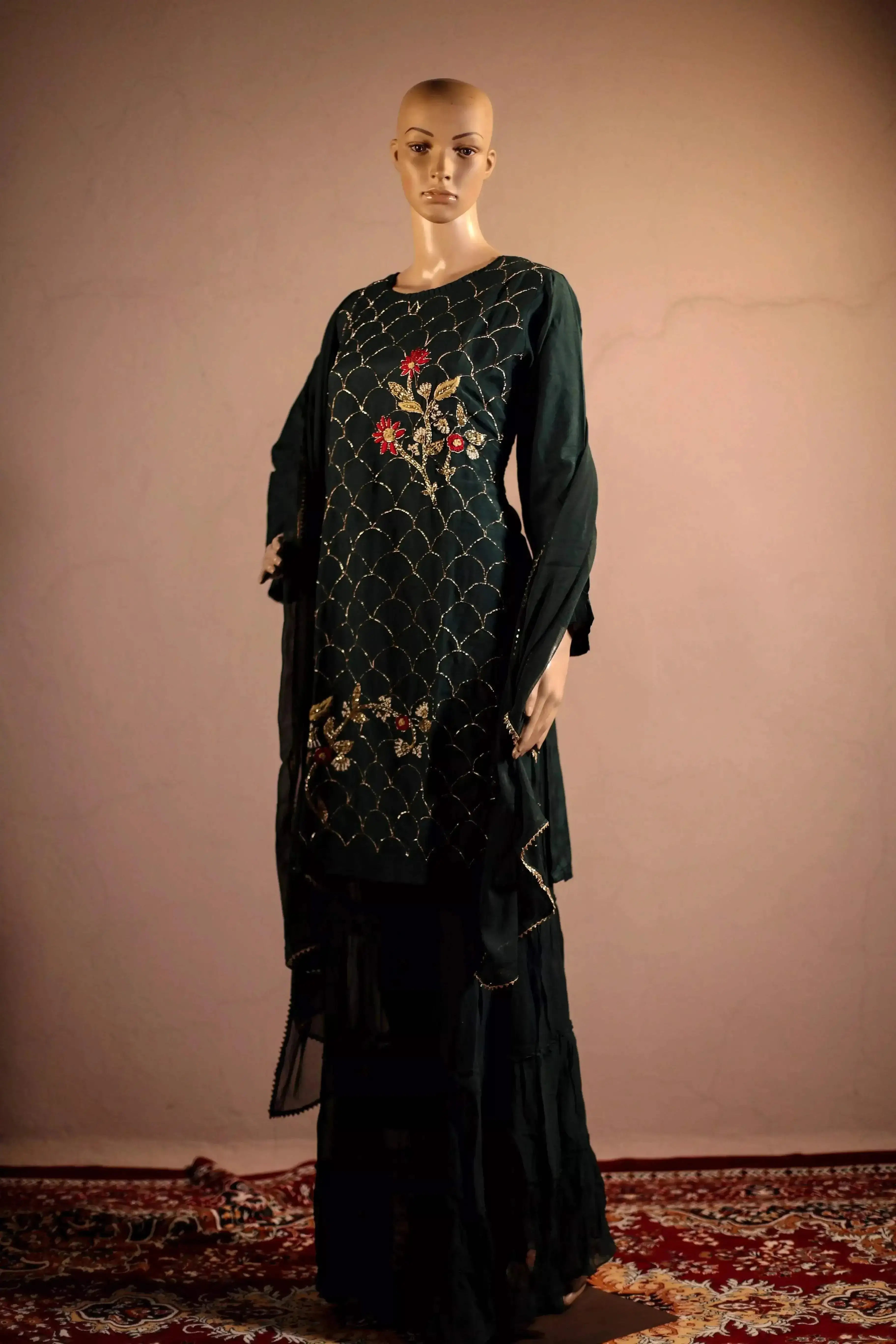 Midnight X M'Foks - Royal Silk Handwork Short Kurta With Dupatta & Georgette Sharara - M'Foks