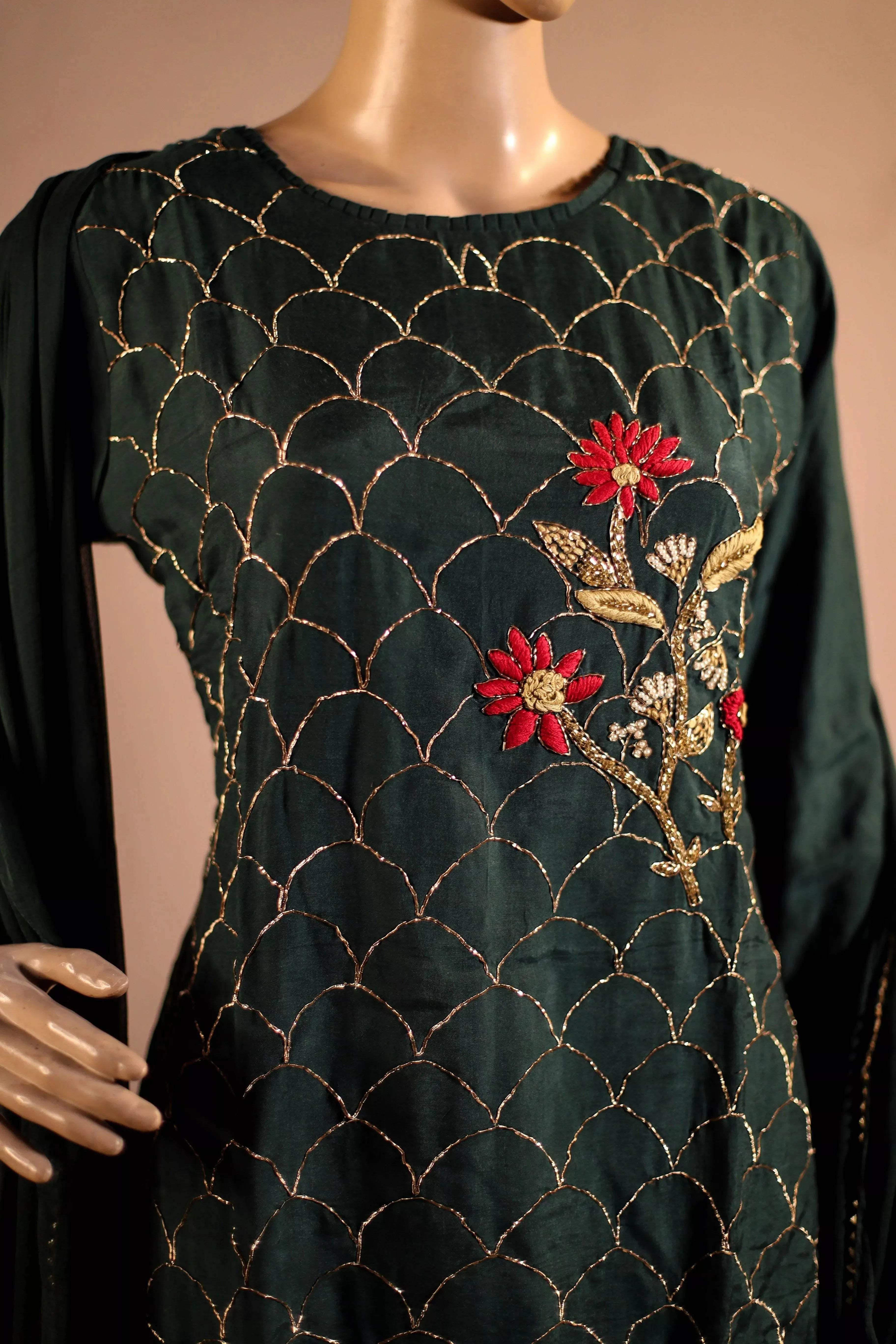 Midnight X M'Foks - Royal Silk Handwork Short Kurta With Dupatta & Georgette Sharara - M'Foks