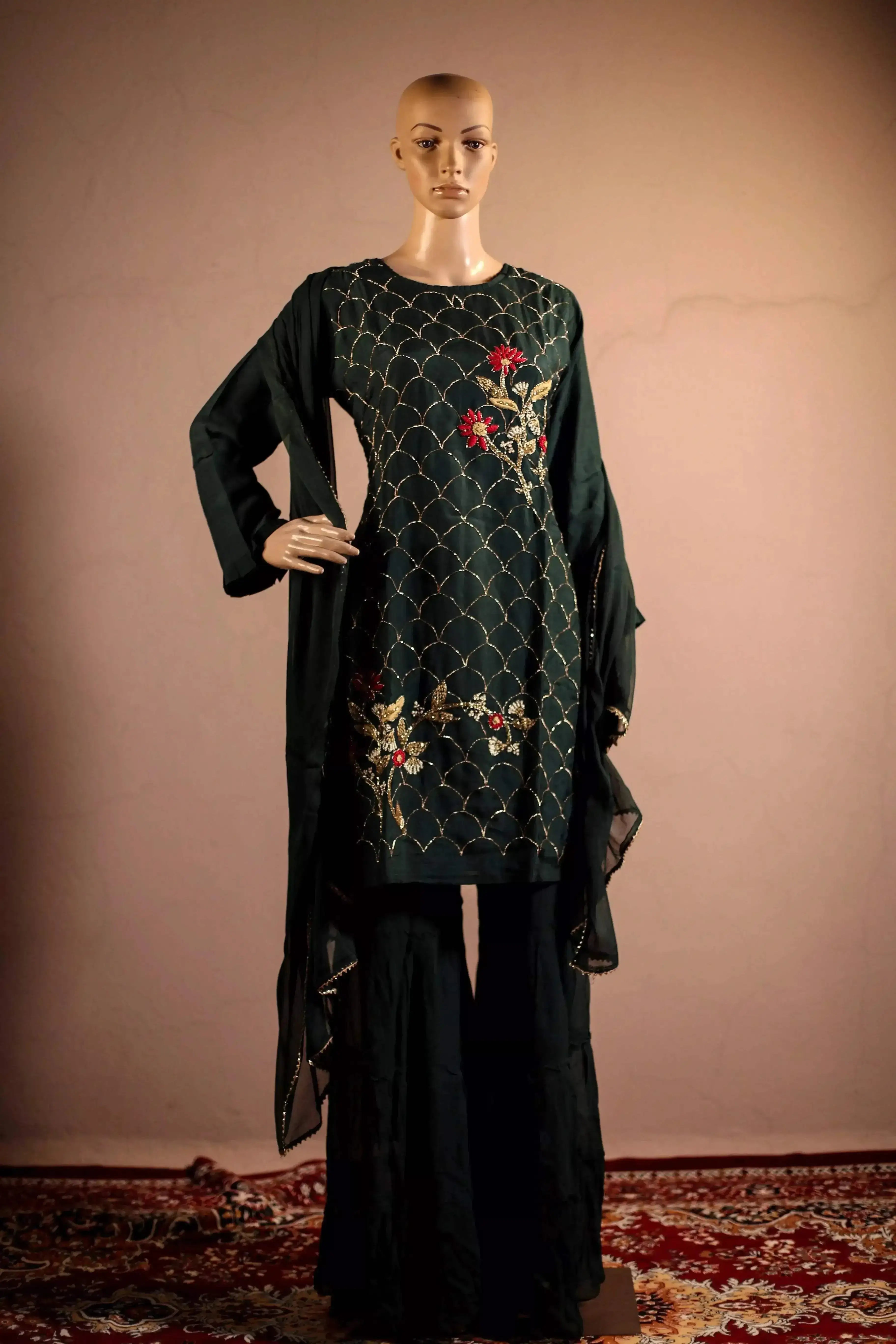 Midnight X M'Foks - Royal Silk Handwork Short Kurta With Dupatta & Georgette Sharara - M'Foks