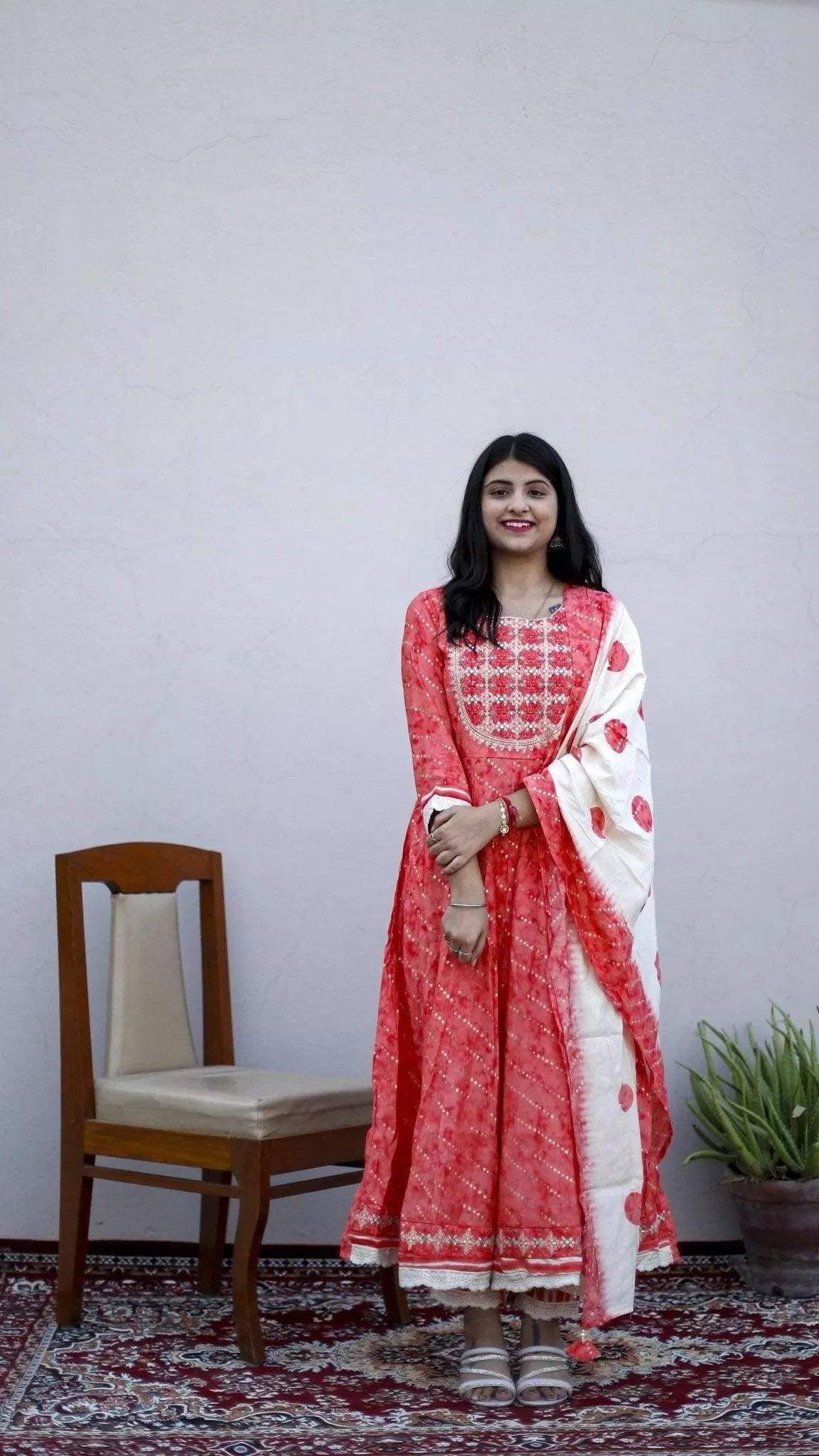 Muslin Silk Anarkali Kurta With Dupatta & Pant - M'Foks