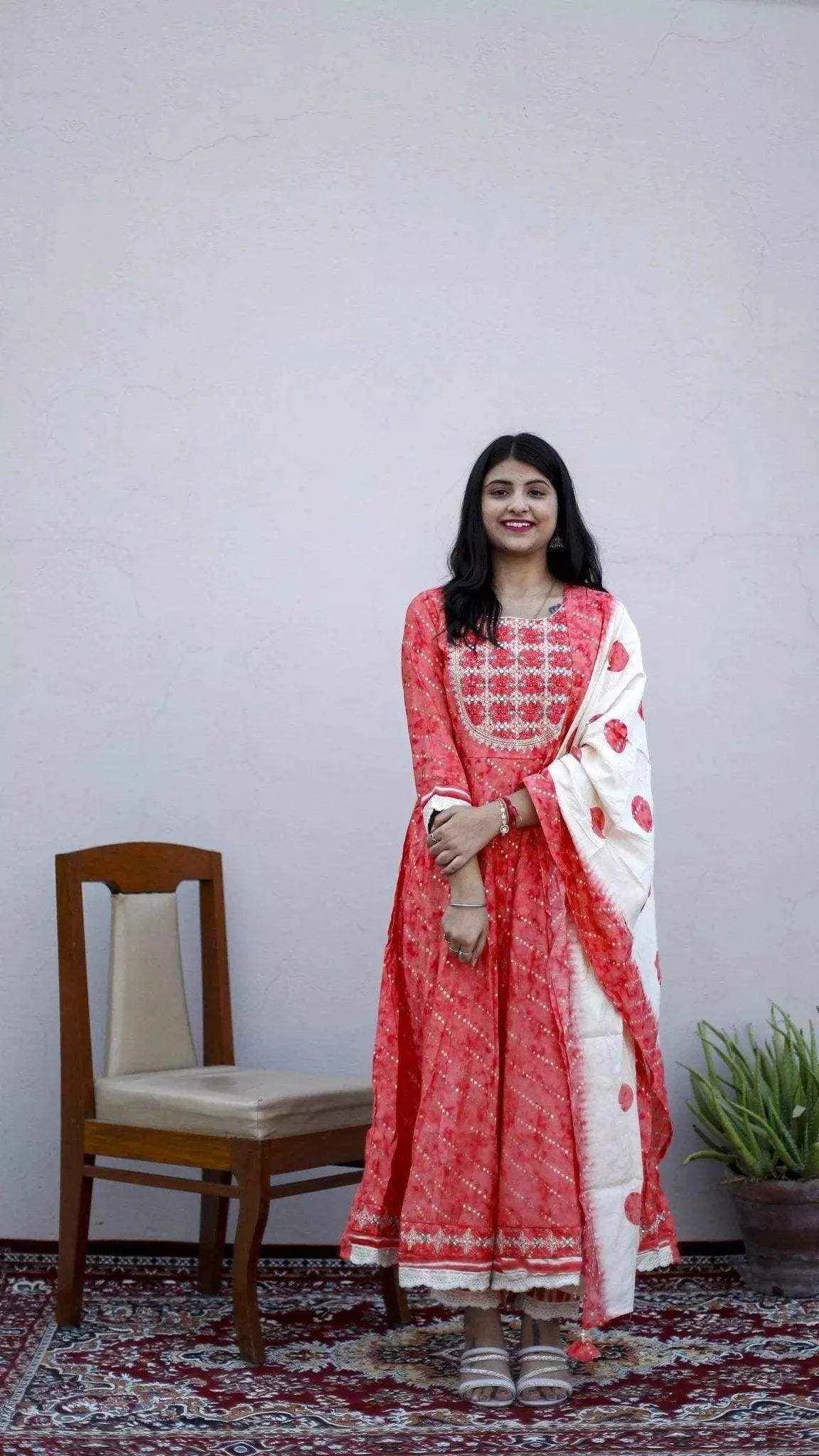 Muslin Silk Anarkali Kurta With Dupatta & Pant