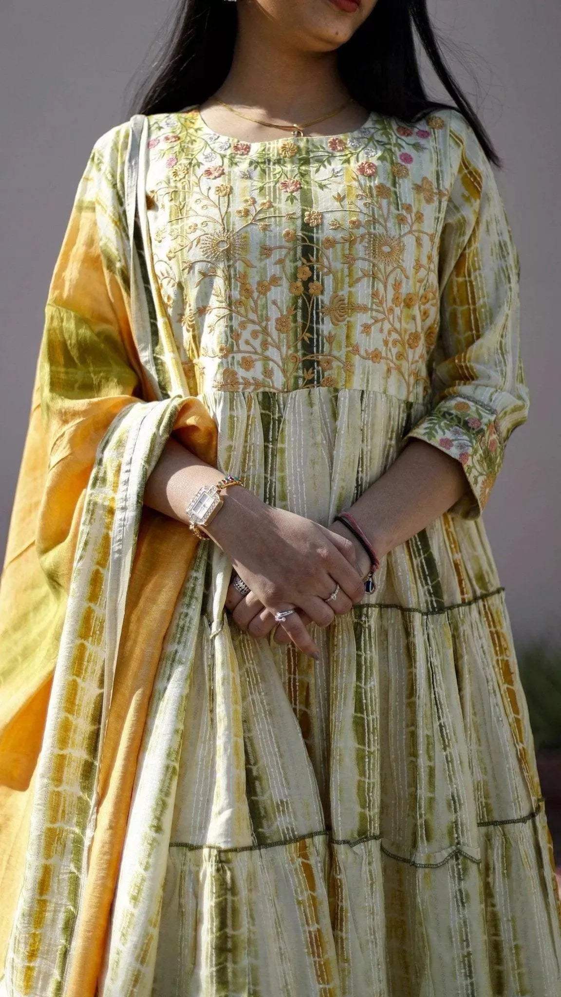 Muslin Silk Anarkali Kurta With Silk Dupatta & Pant - M'Foks