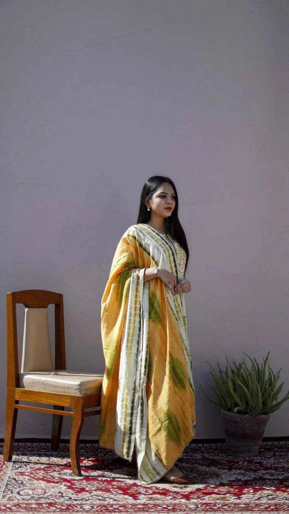Muslin Silk Anarkali Kurta With Silk Dupatta & Pant