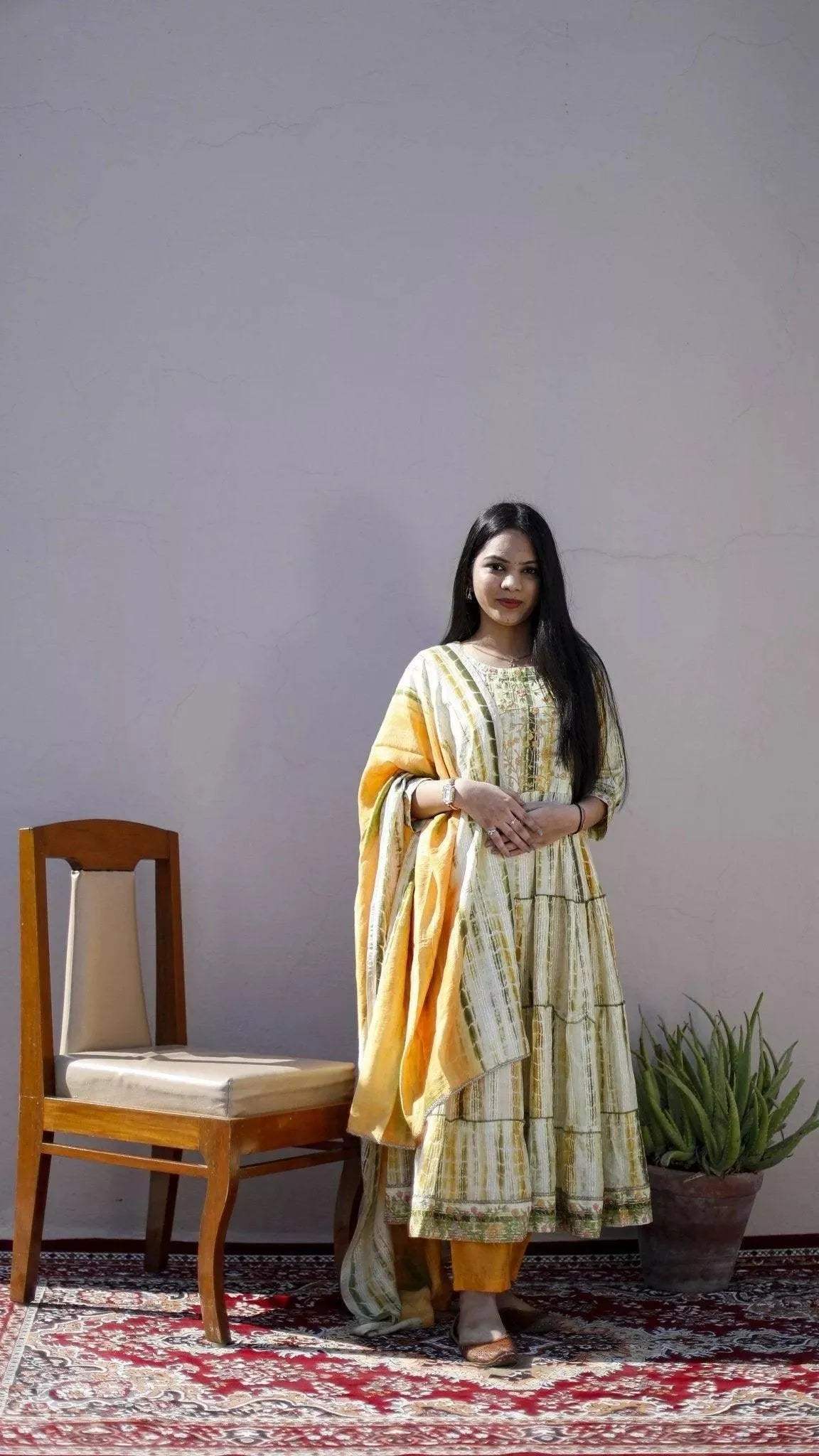 Muslin Silk Anarkali Kurta With Silk Dupatta & Pant - M'Foks