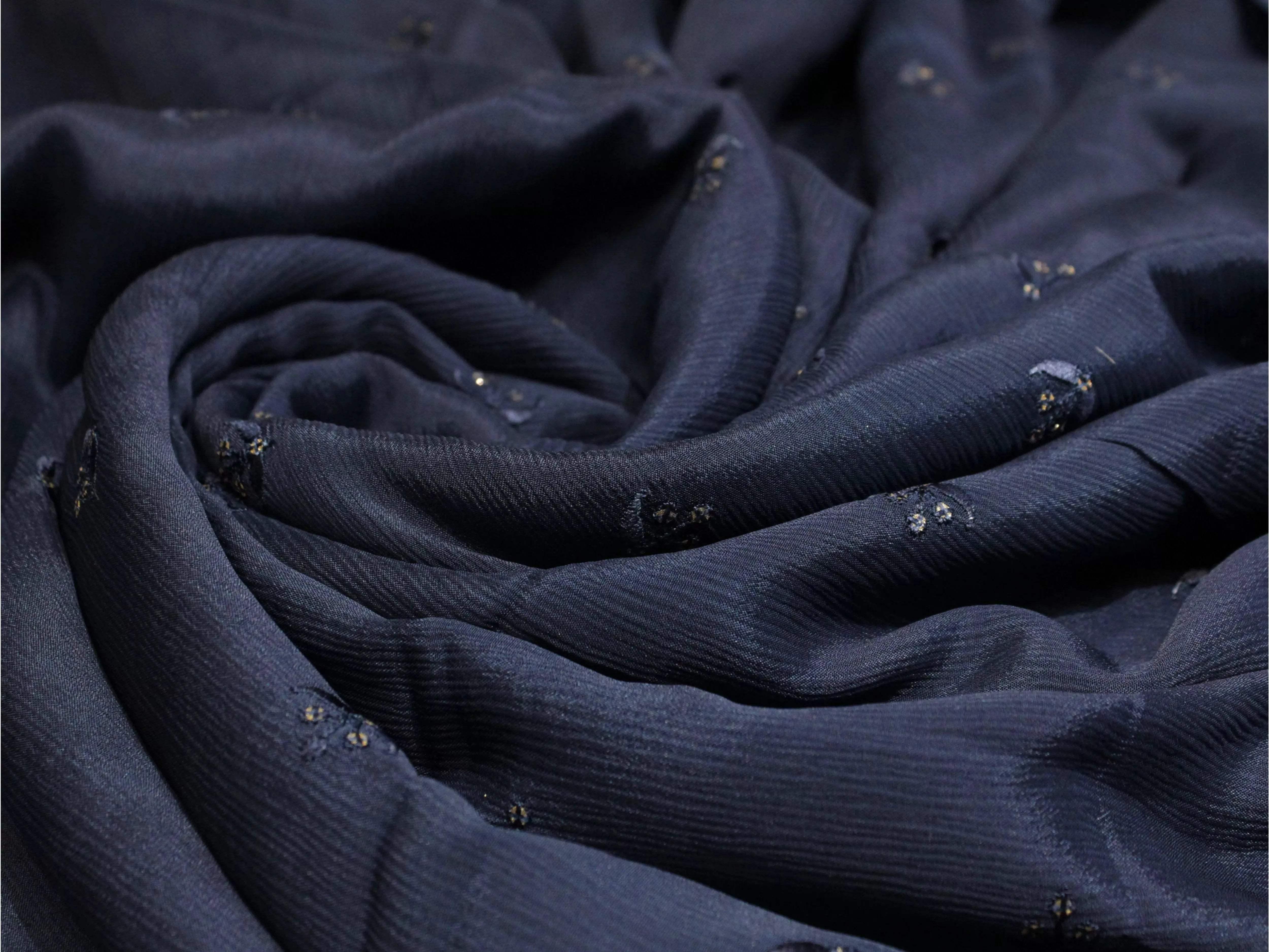 Pure chinon blue fabric with minimal buti embroidery, textured and soft textile close-up