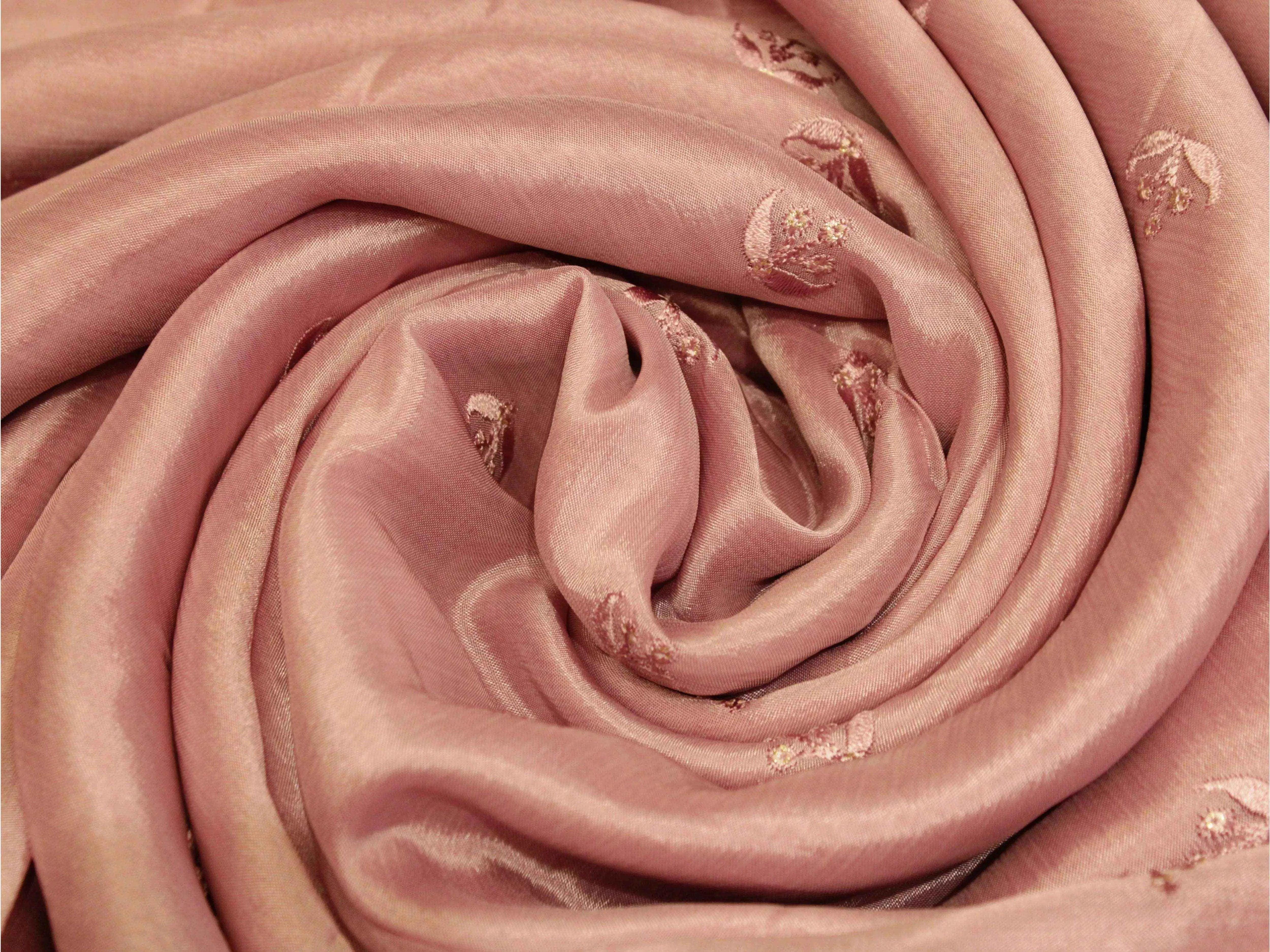 Lavender pink pure chinon fabric with minimal buti embroidery, soft and glossy texture