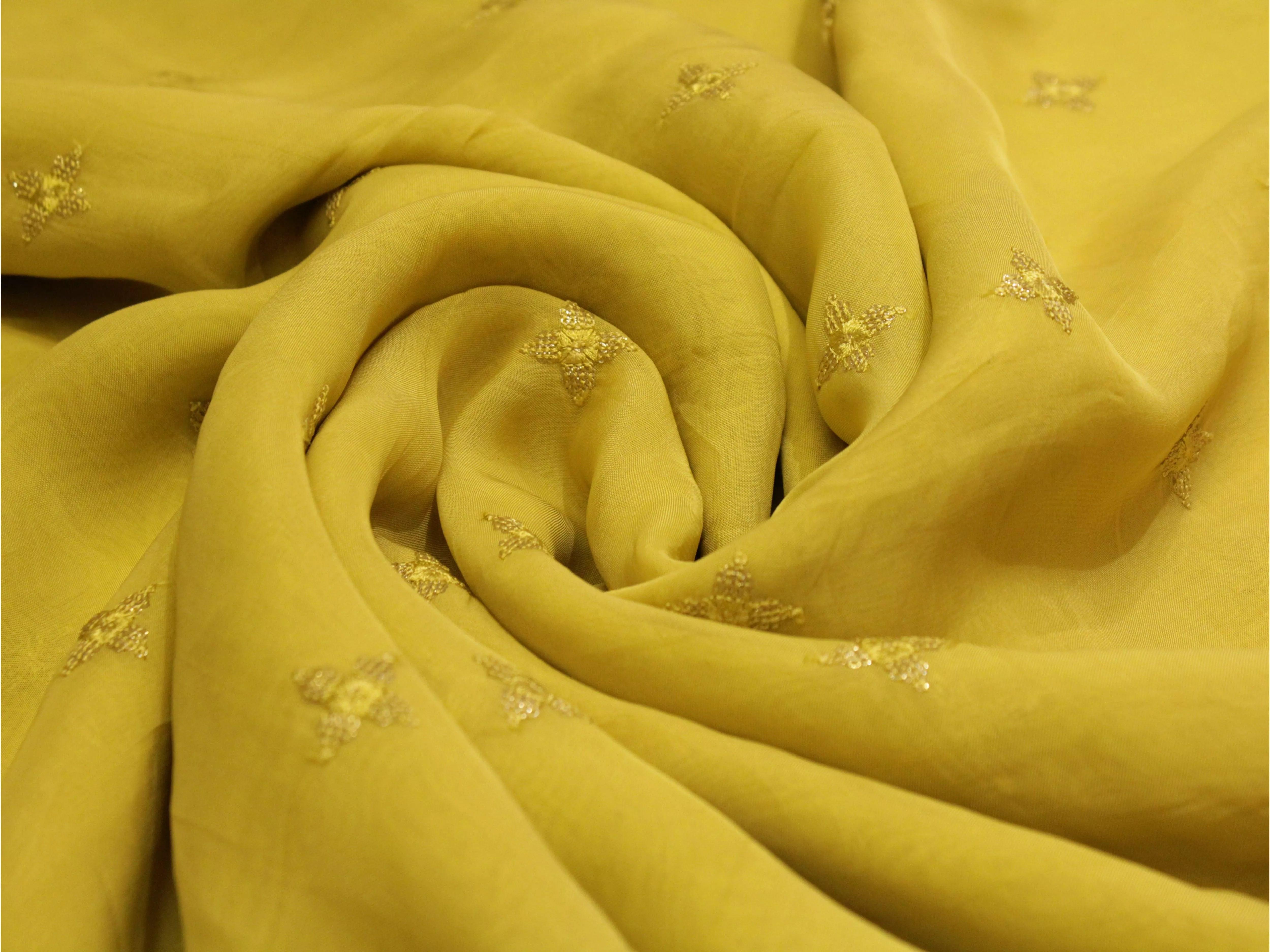 Pure Chinon Minimal Buti Work Fabric - Mehandi Yellow - M'Foks