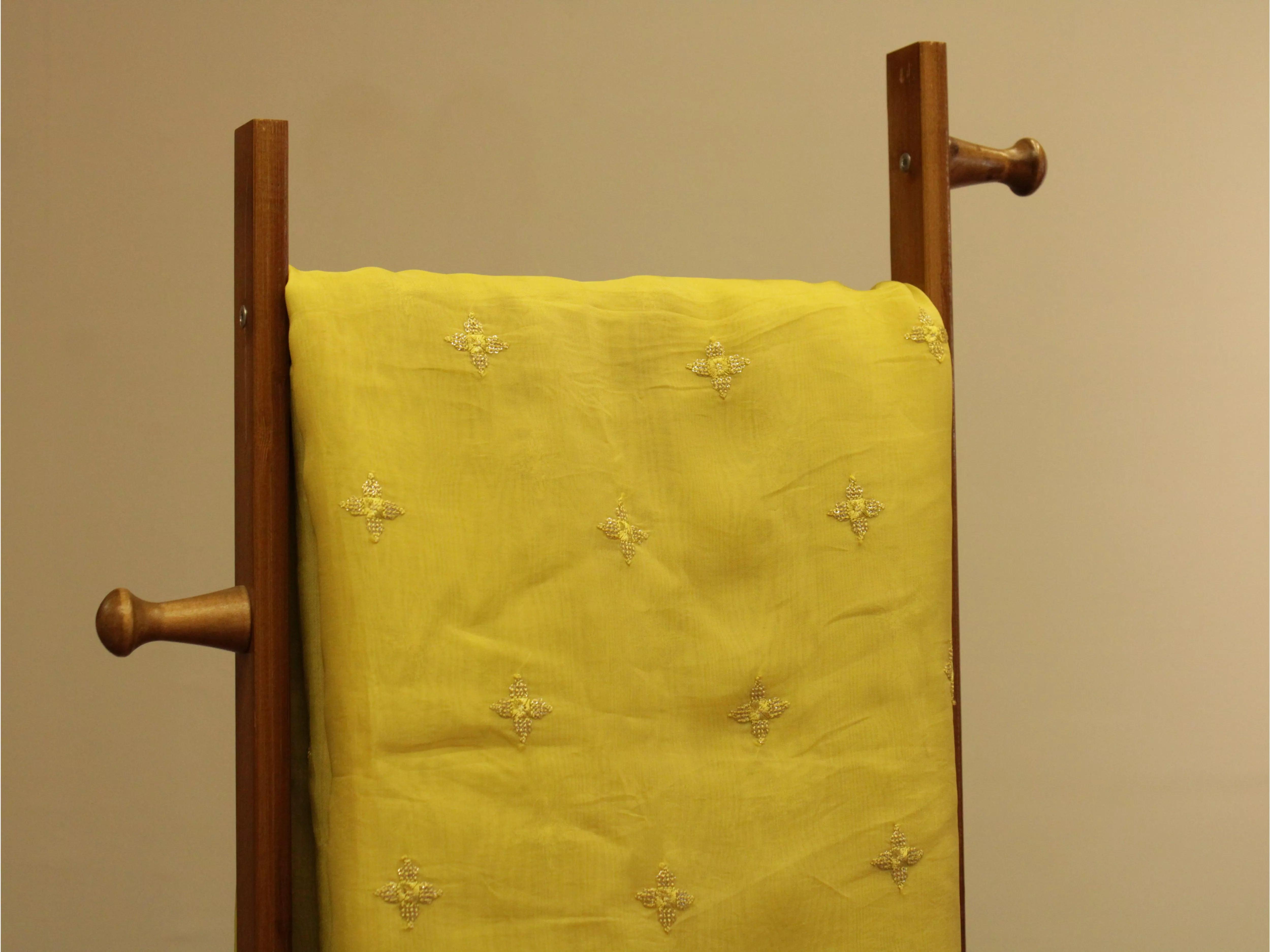 Pure Chinon Minimal Buti Work Fabric - Mehandi Yellow - M'Foks