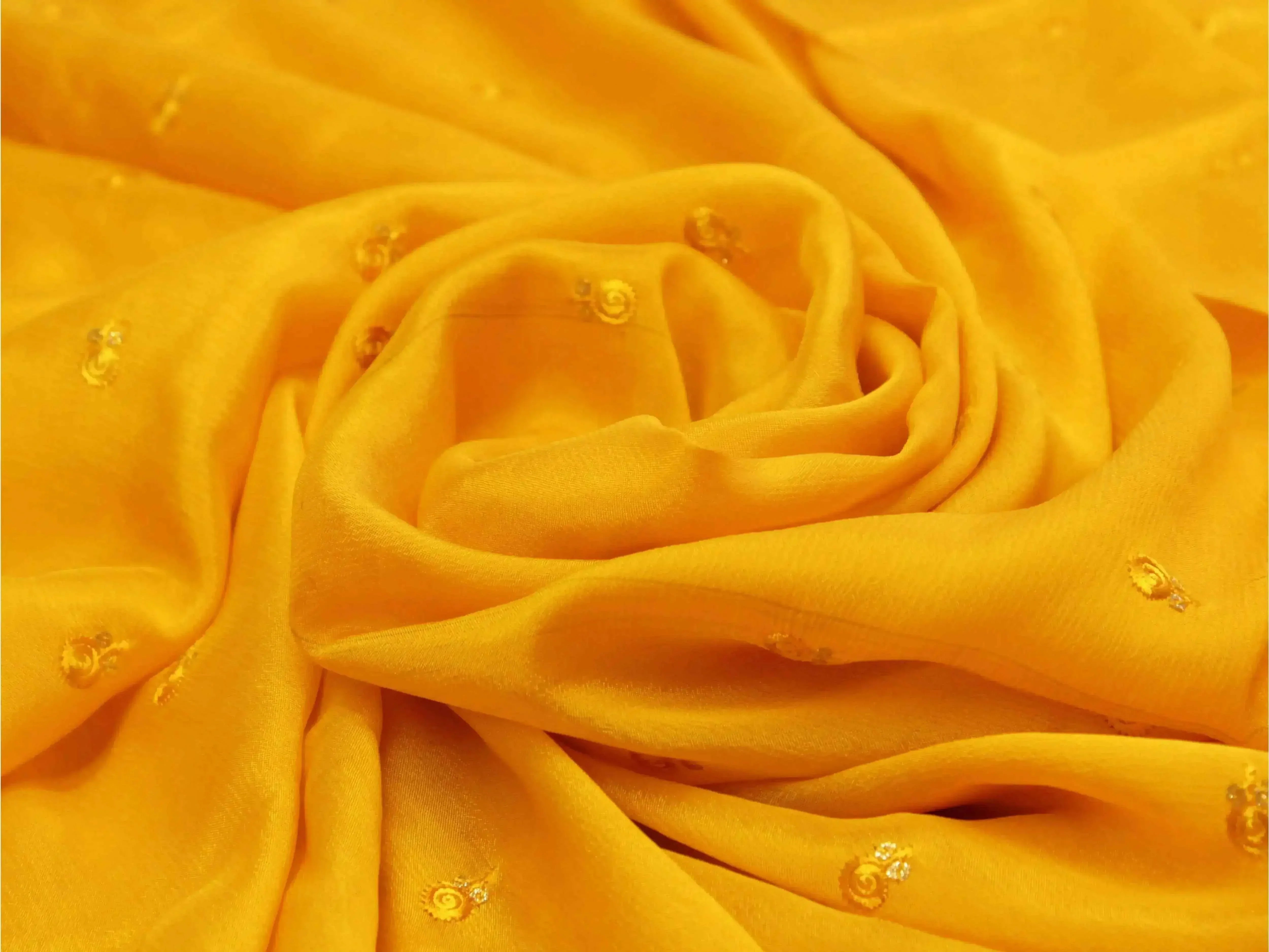 Pure chinon mustard fabric with minimal buti embroidery, soft and lightweight texture