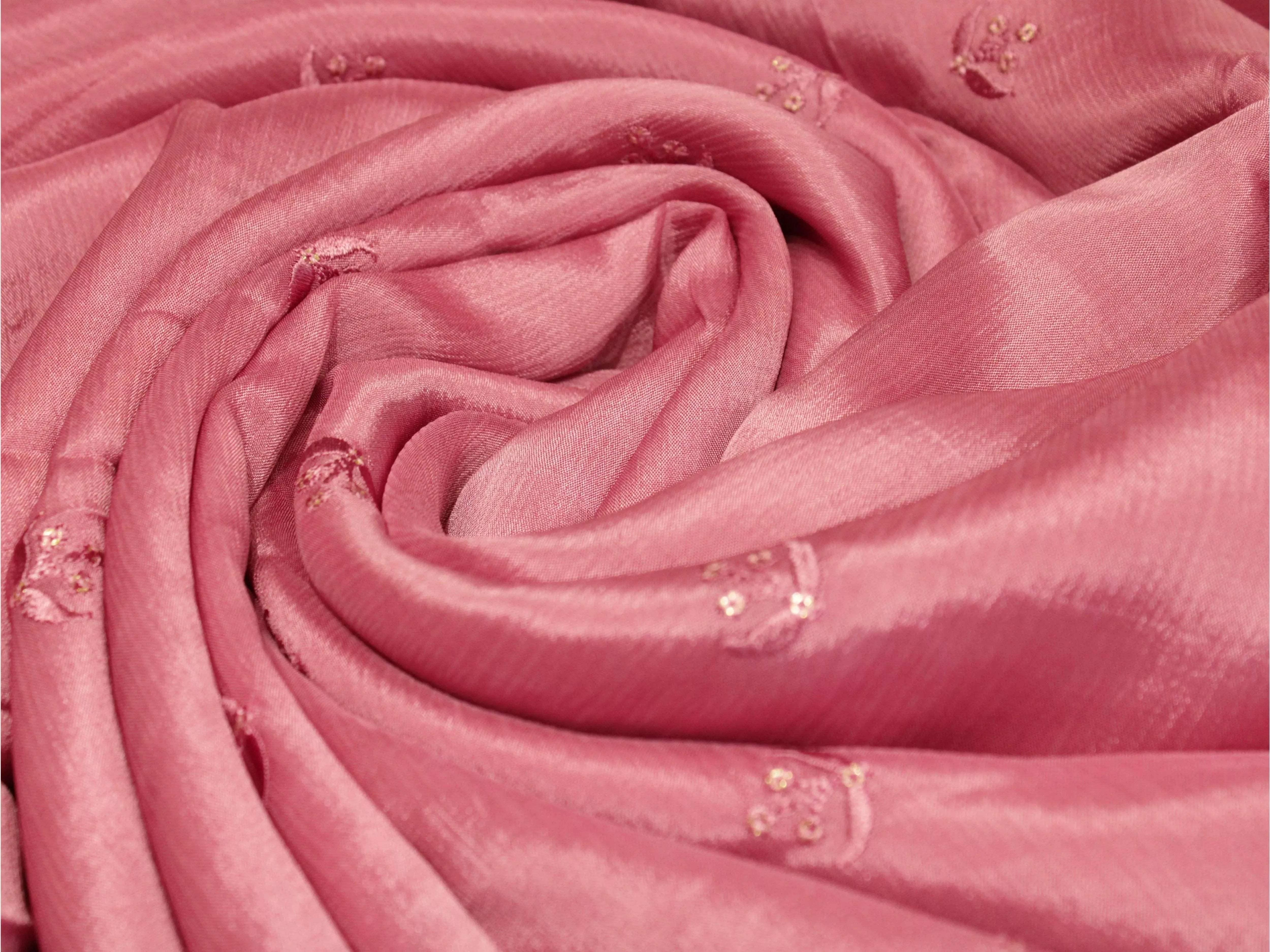 Onion pink pure chinon fabric with minimal buti embroidery, soft texture, lightweight fabric