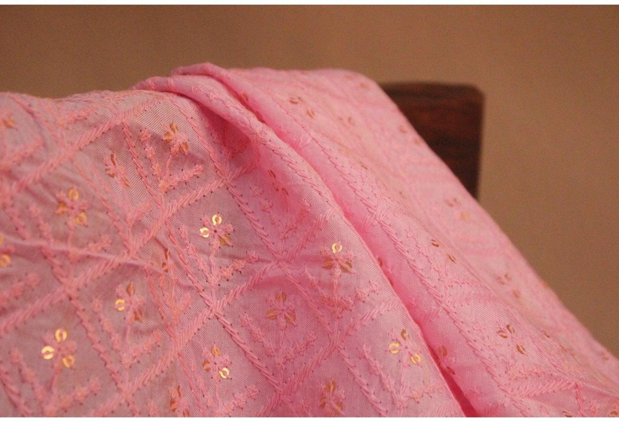 Pure Upada Silk Lucknawi Sequin Work Fabric - M'Foks