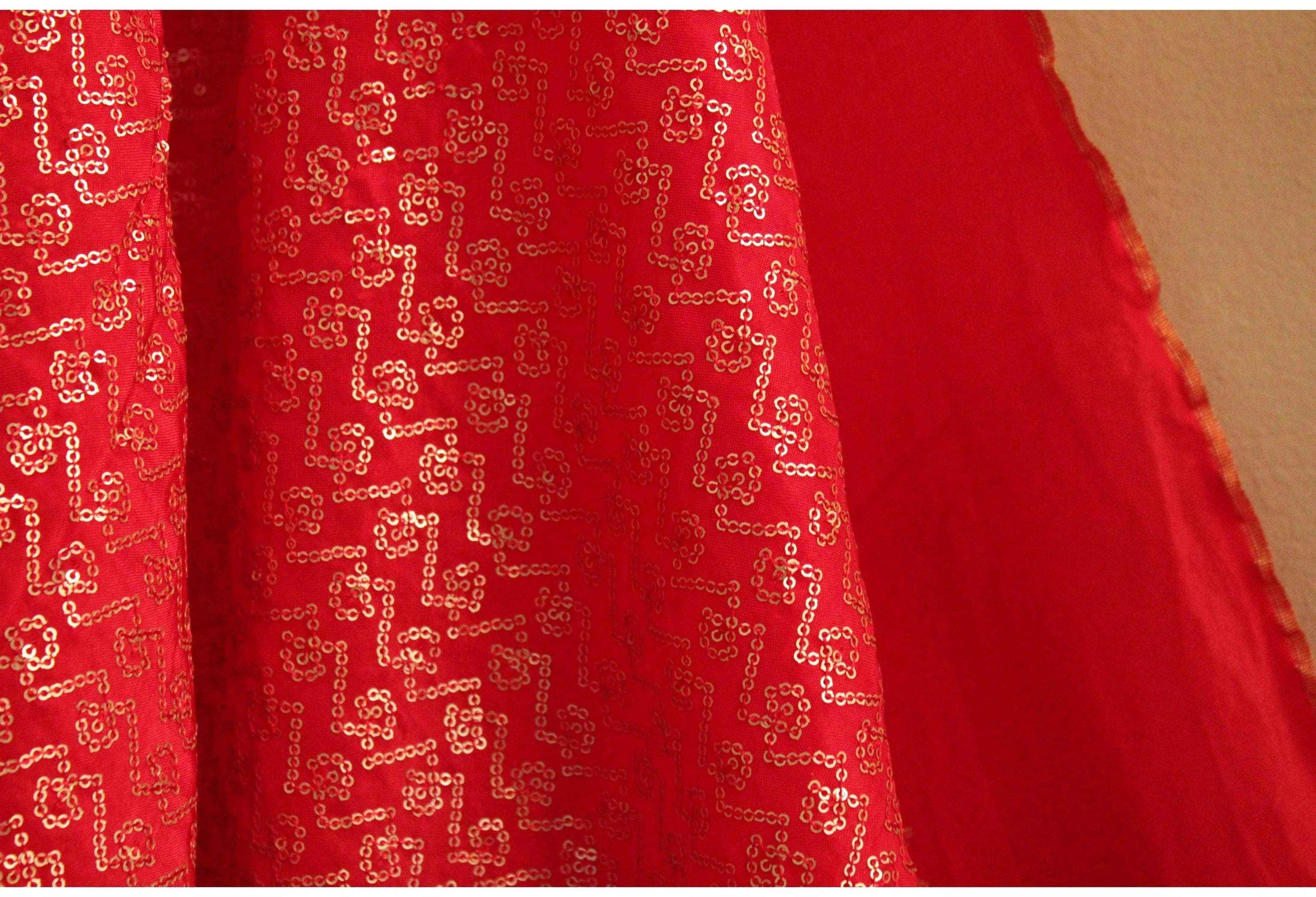Red upada silk fabric with gold micro sequin work, traditional Indian textile