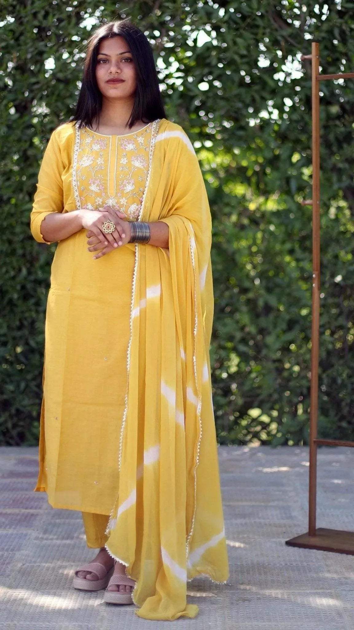 Royal Silk Hand Work Kurta With Lehariya Dupatta & Pant - Yellow - M'Foks