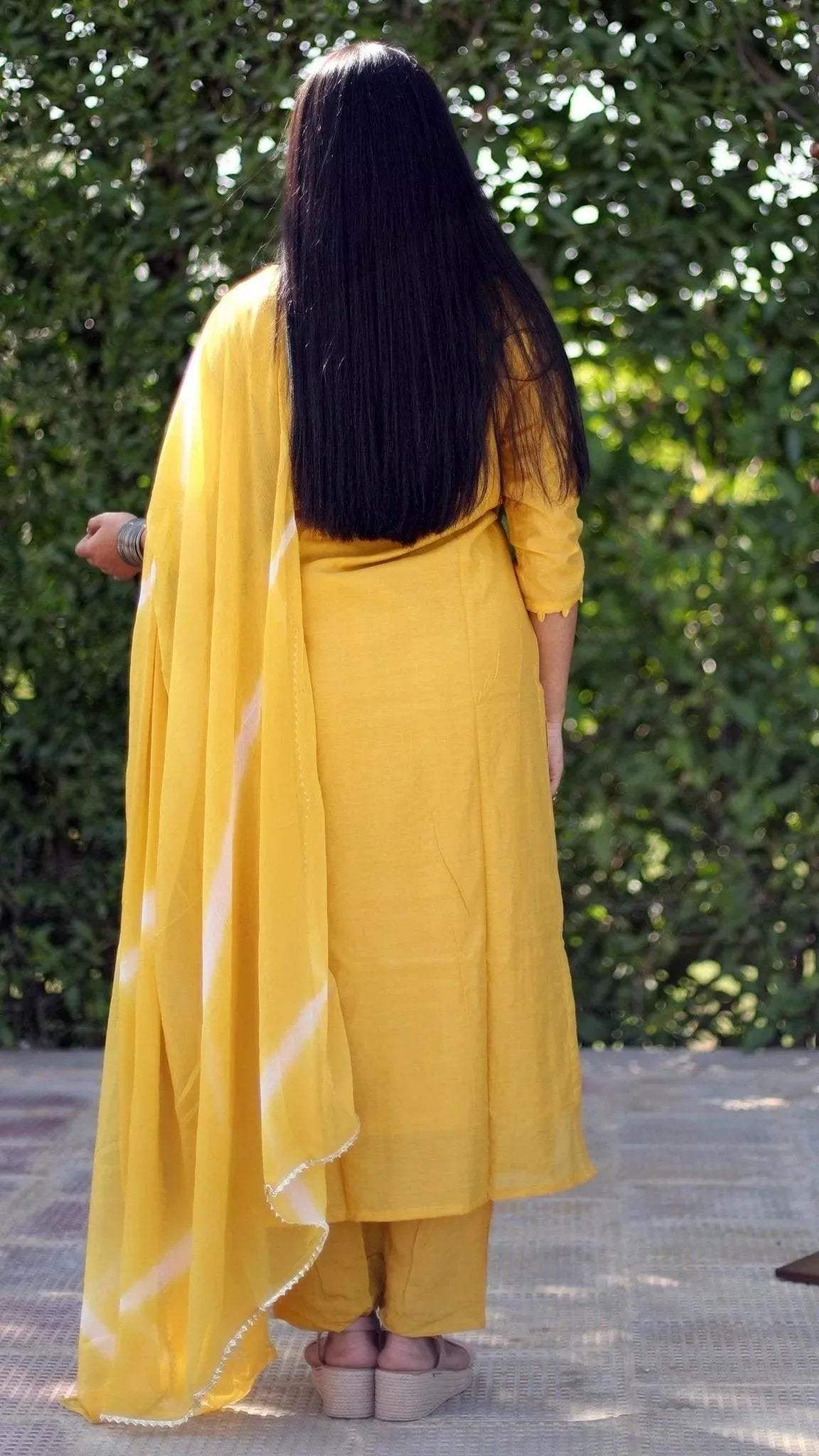 Royal Silk Hand Work Kurta With Lehariya Dupatta & Pant - Yellow - M'Foks