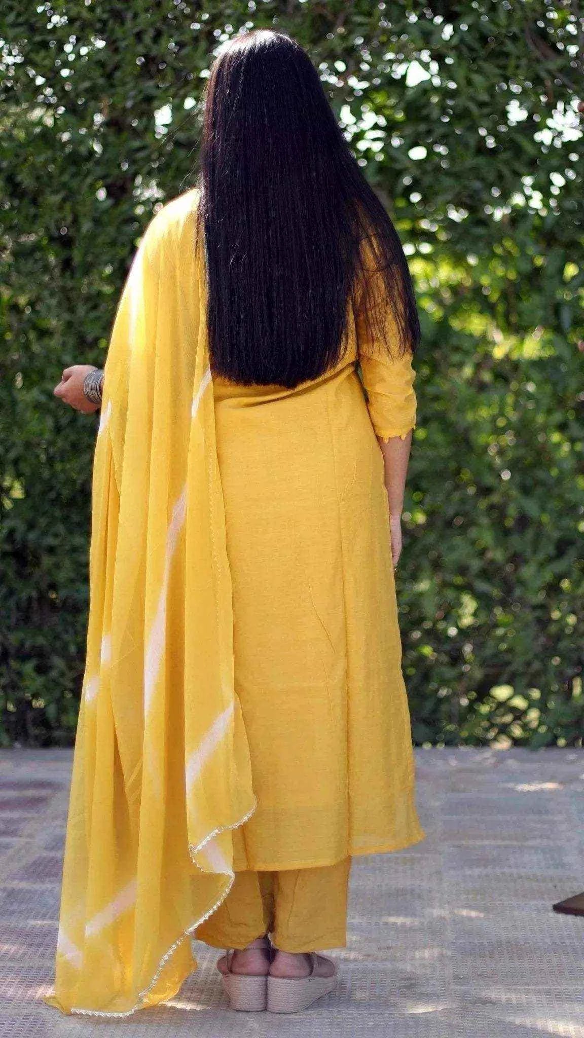 Royal Silk Hand Work Kurta With Lehariya Dupatta & Pant - Yellow