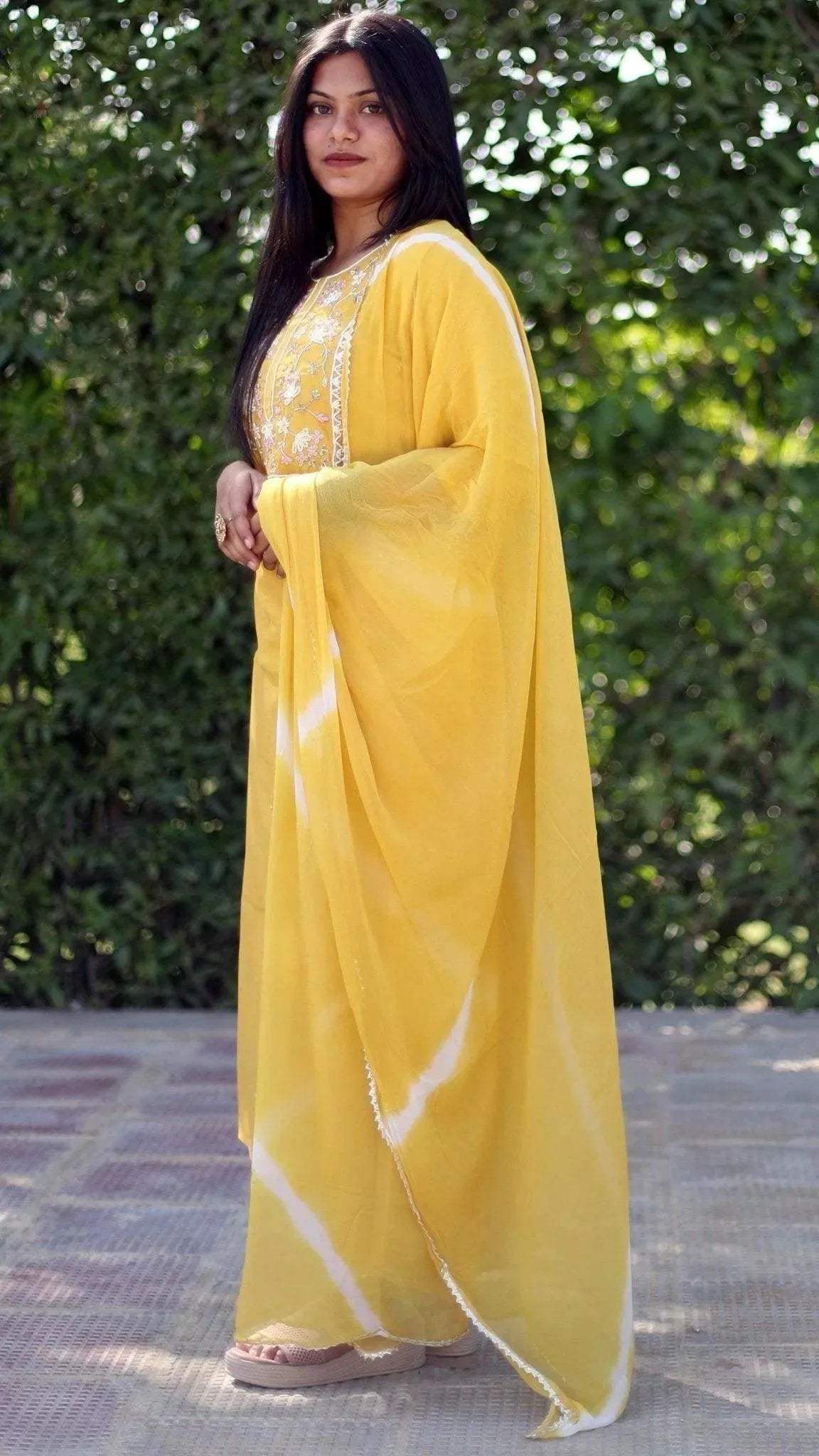 Royal Silk Hand Work Kurta With Lehariya Dupatta & Pant - Yellow - M'Foks
