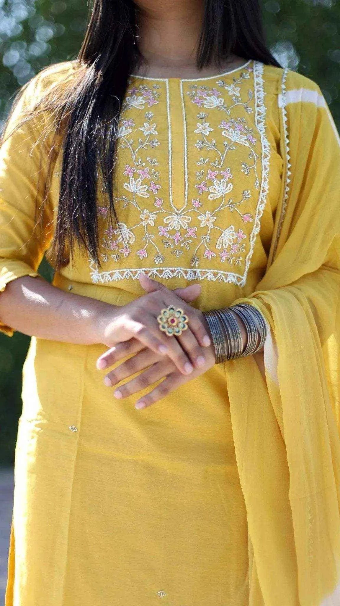 Royal Silk Hand Work Kurta With Lehariya Dupatta & Pant - Yellow