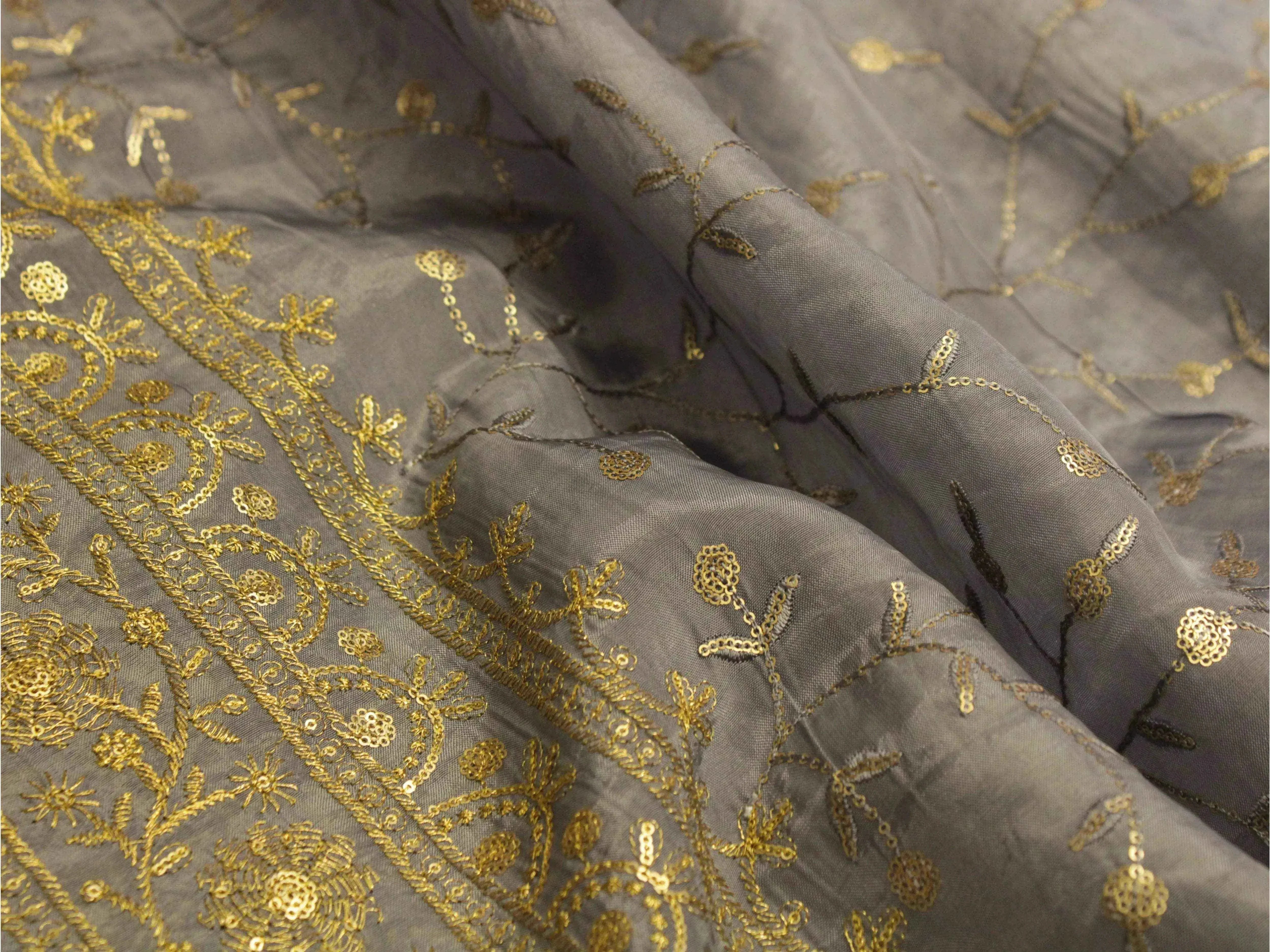 Grey upada silk fabric with gold micro embroidery floral panel pattern