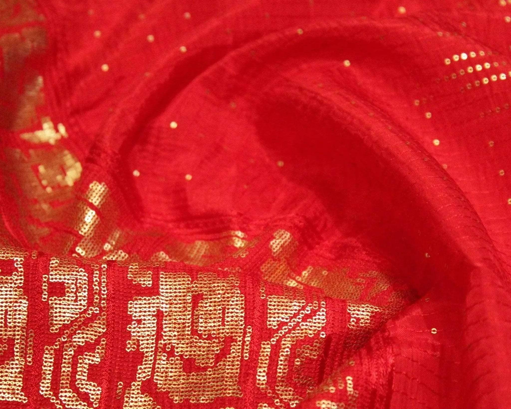 Red Upada silk fabric with gold micro sequin work and geometric panel pattern