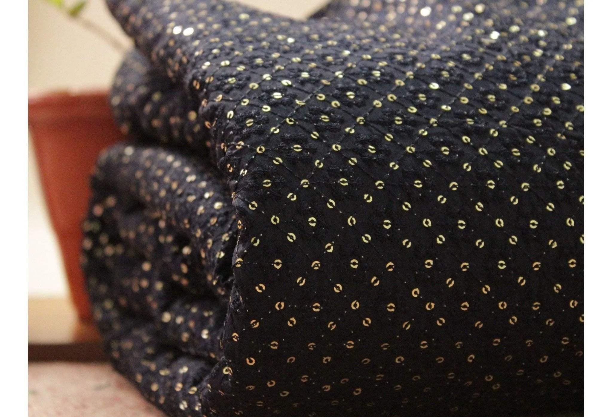 Dark blue upada silk fabric with gold sequins and thread work close-up