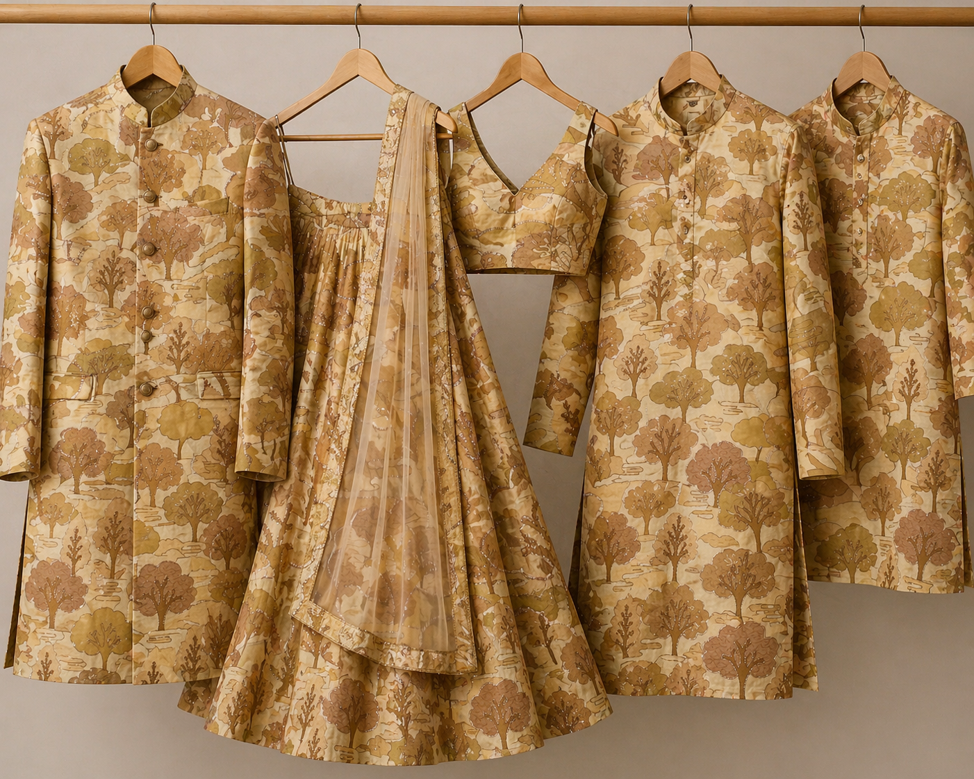 Dola Silk Position & Cording Work Fabric — Antique Gold | Abstract Tree & Floral | Gold Zari | 44 Inch | Per Metre