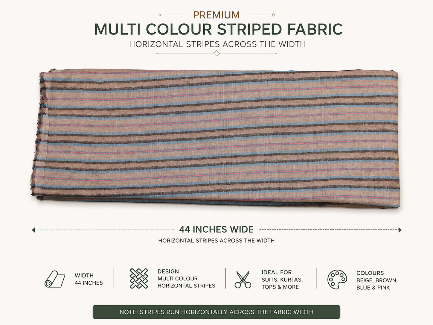 Pure Cotton Yarn Dyed Horizontal Stripe Fabric 44 Inch | Multicolor Weft Stripes