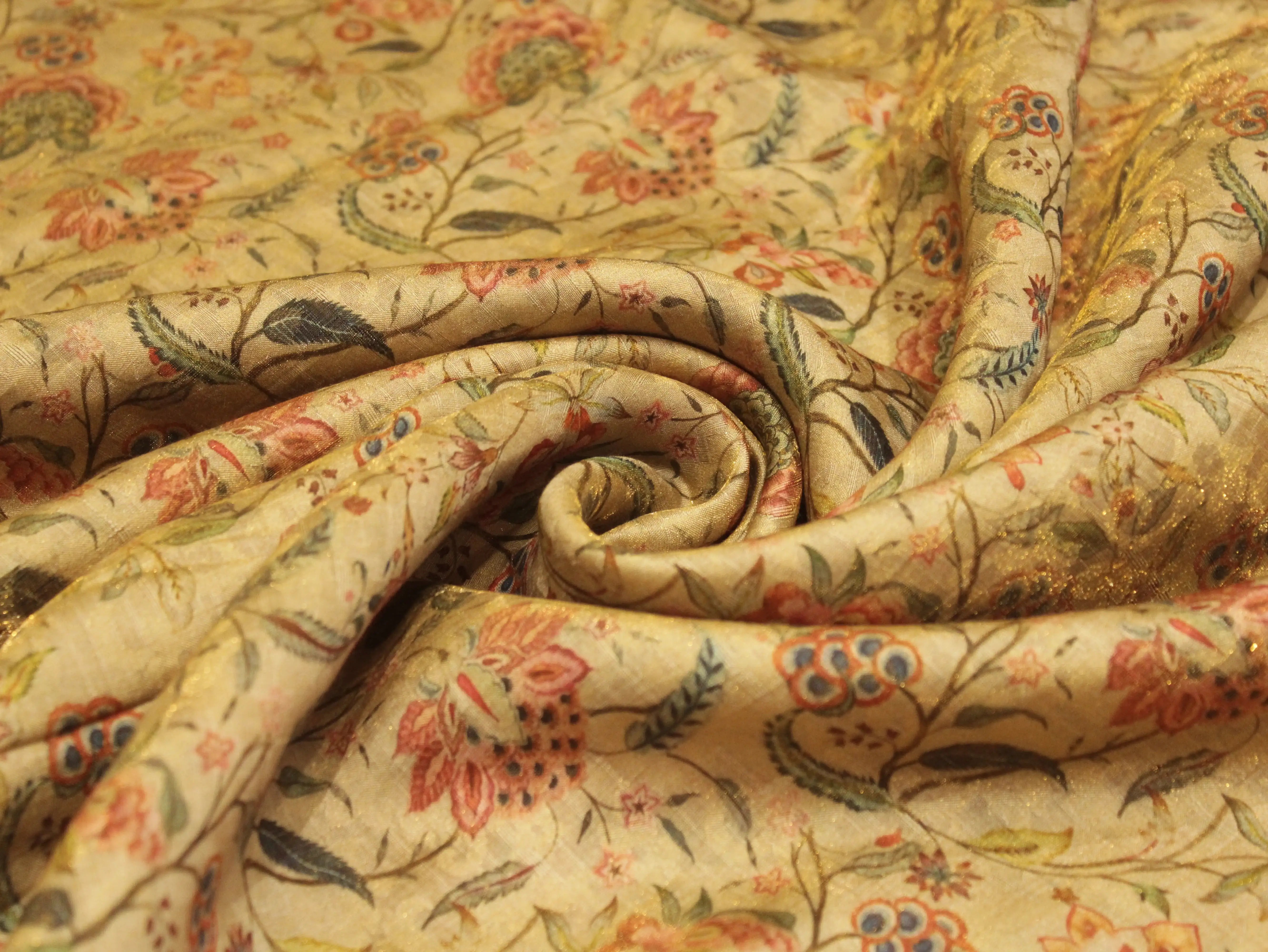 Pure Raw Silk Kalamkari Digital Print Fabric with Subtle Shine