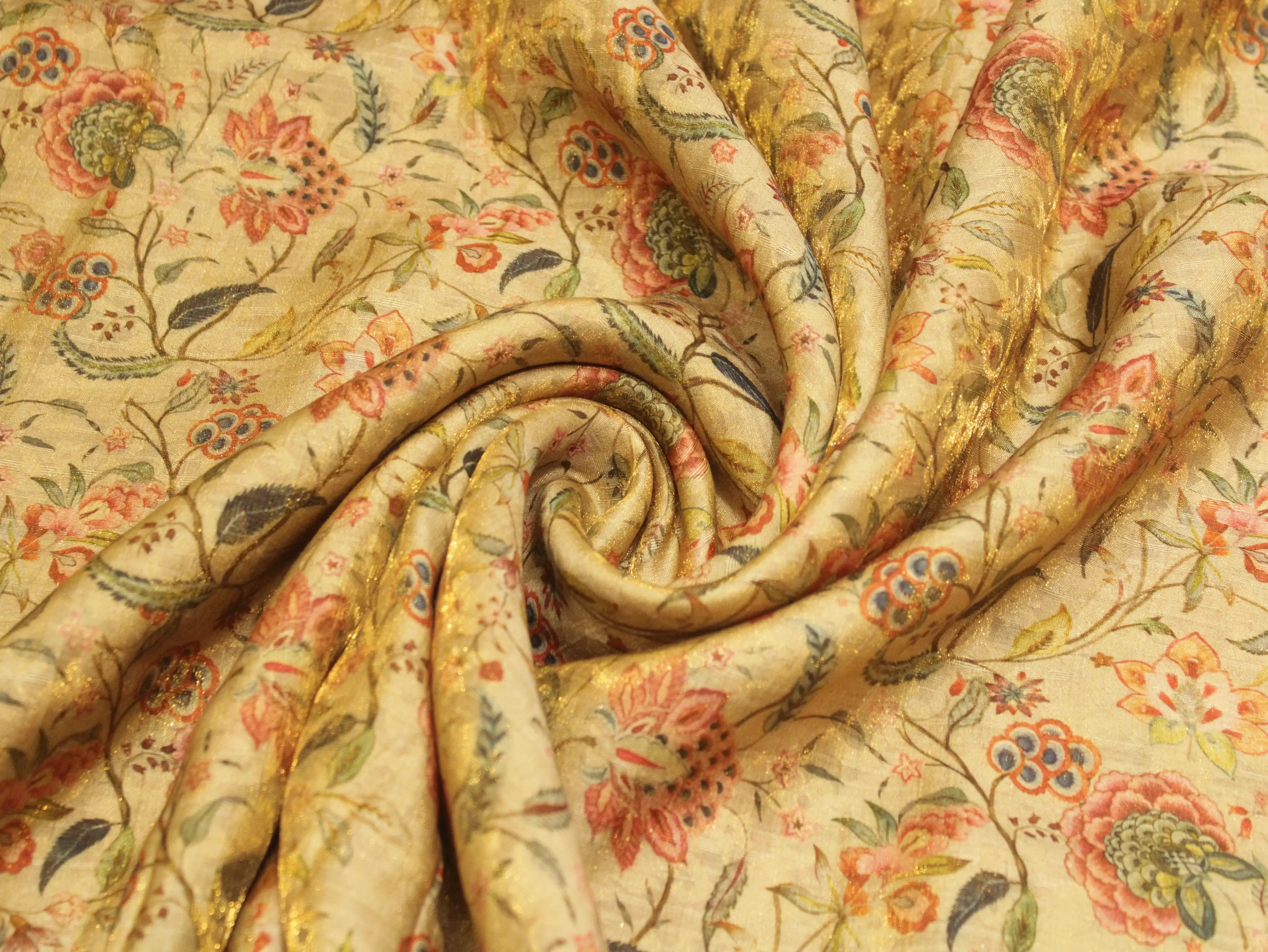Pure Raw Silk Kalamkari Digital Print Fabric with Subtle Shine