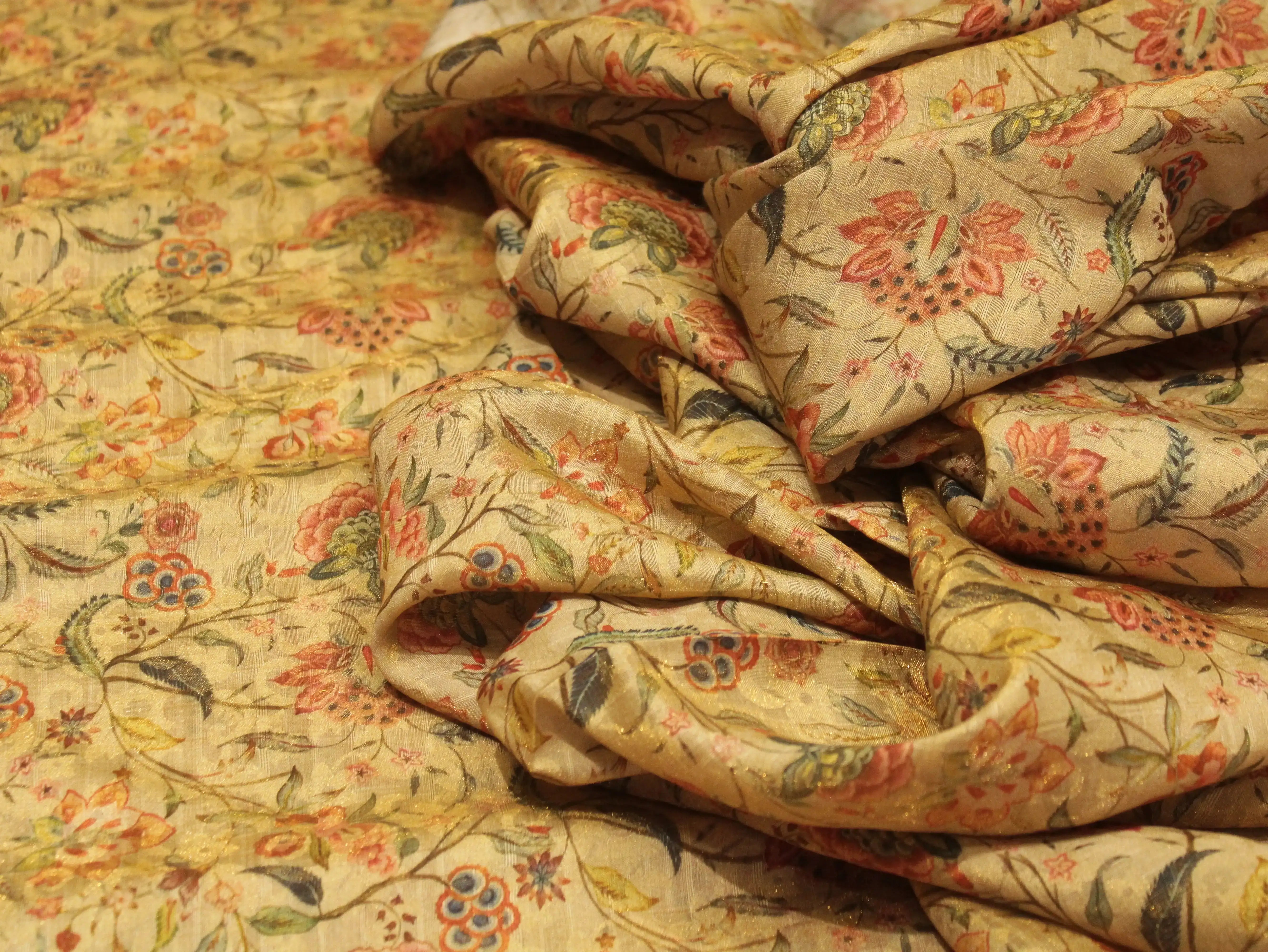 Pure Raw Silk Kalamkari Digital Print Fabric with Subtle Shine