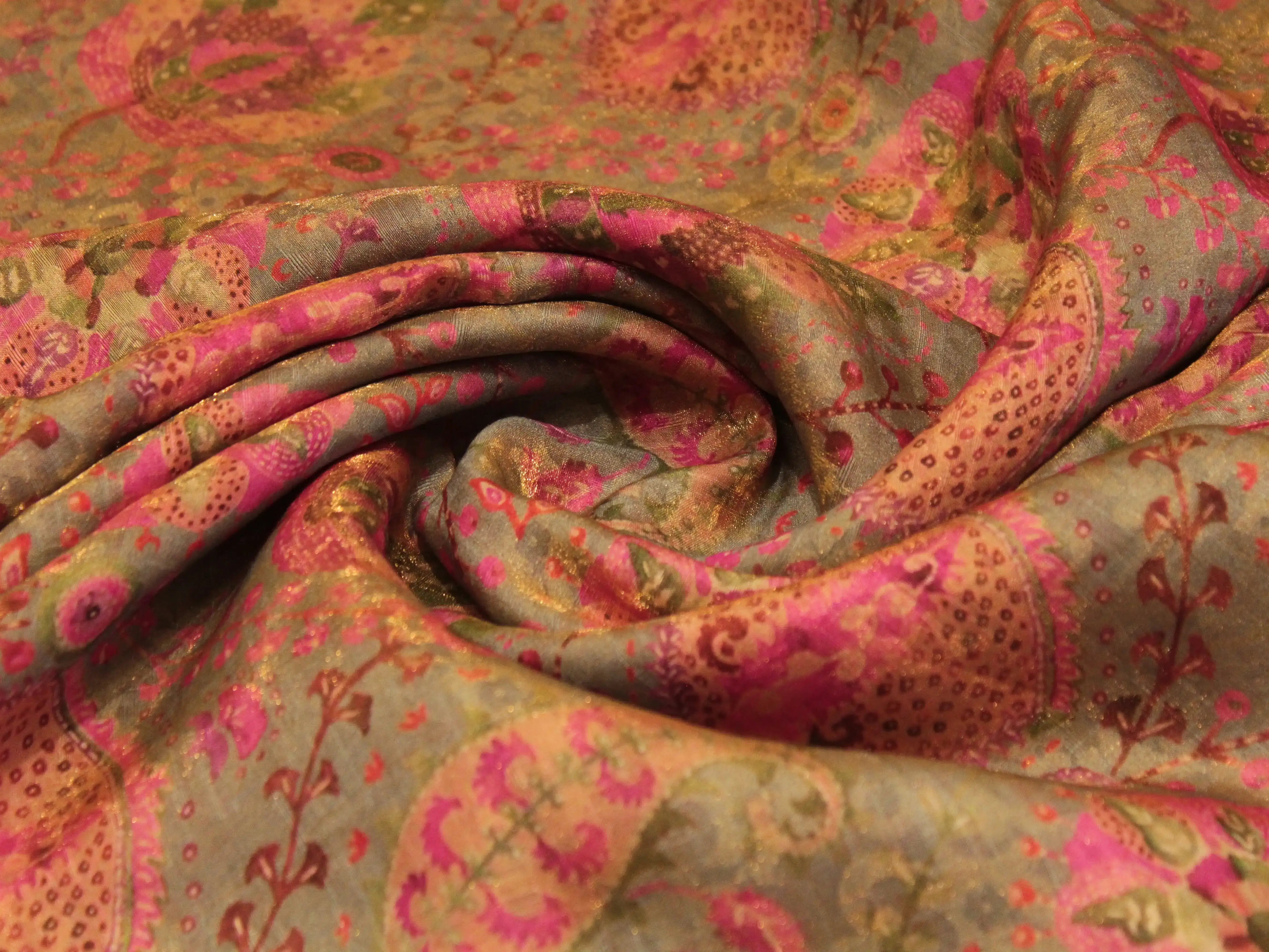 Pure Raw Silk Kalamkari Digital Print Fabric with Subtle Shine