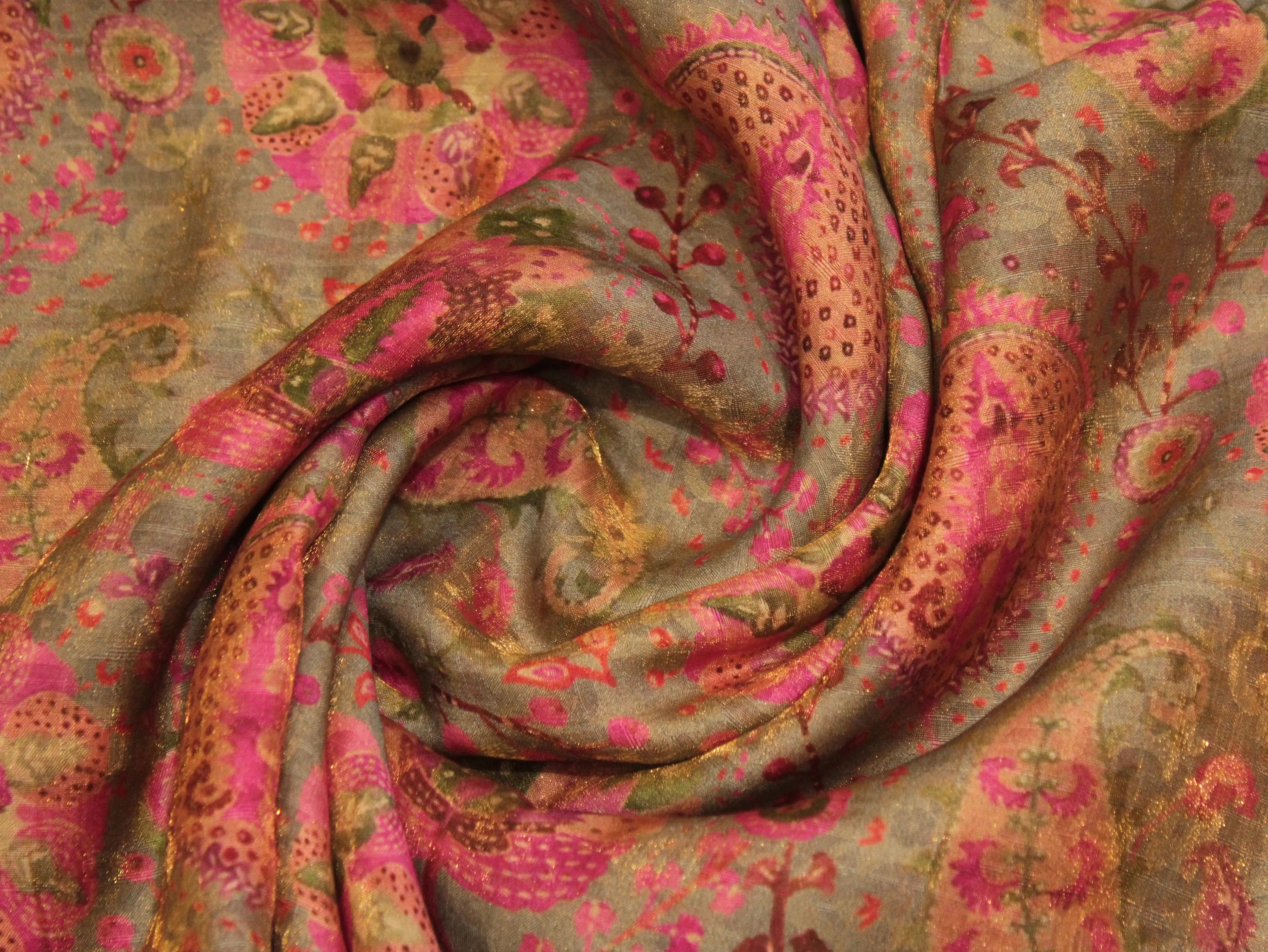 Pure Raw Silk Kalamkari Digital Print Fabric with Subtle Shine