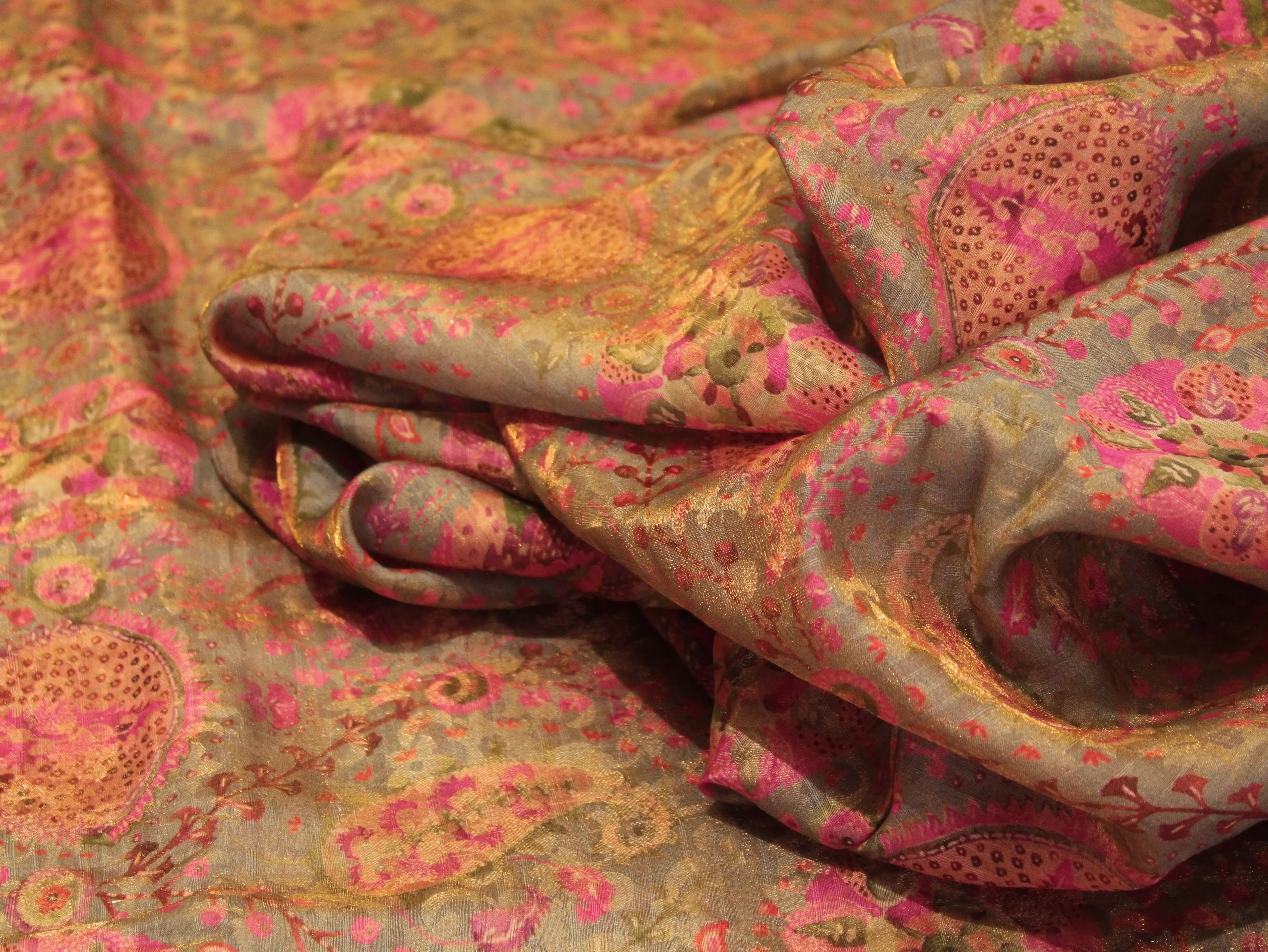 Pure Raw Silk Kalamkari Digital Print Fabric with Subtle Shine
