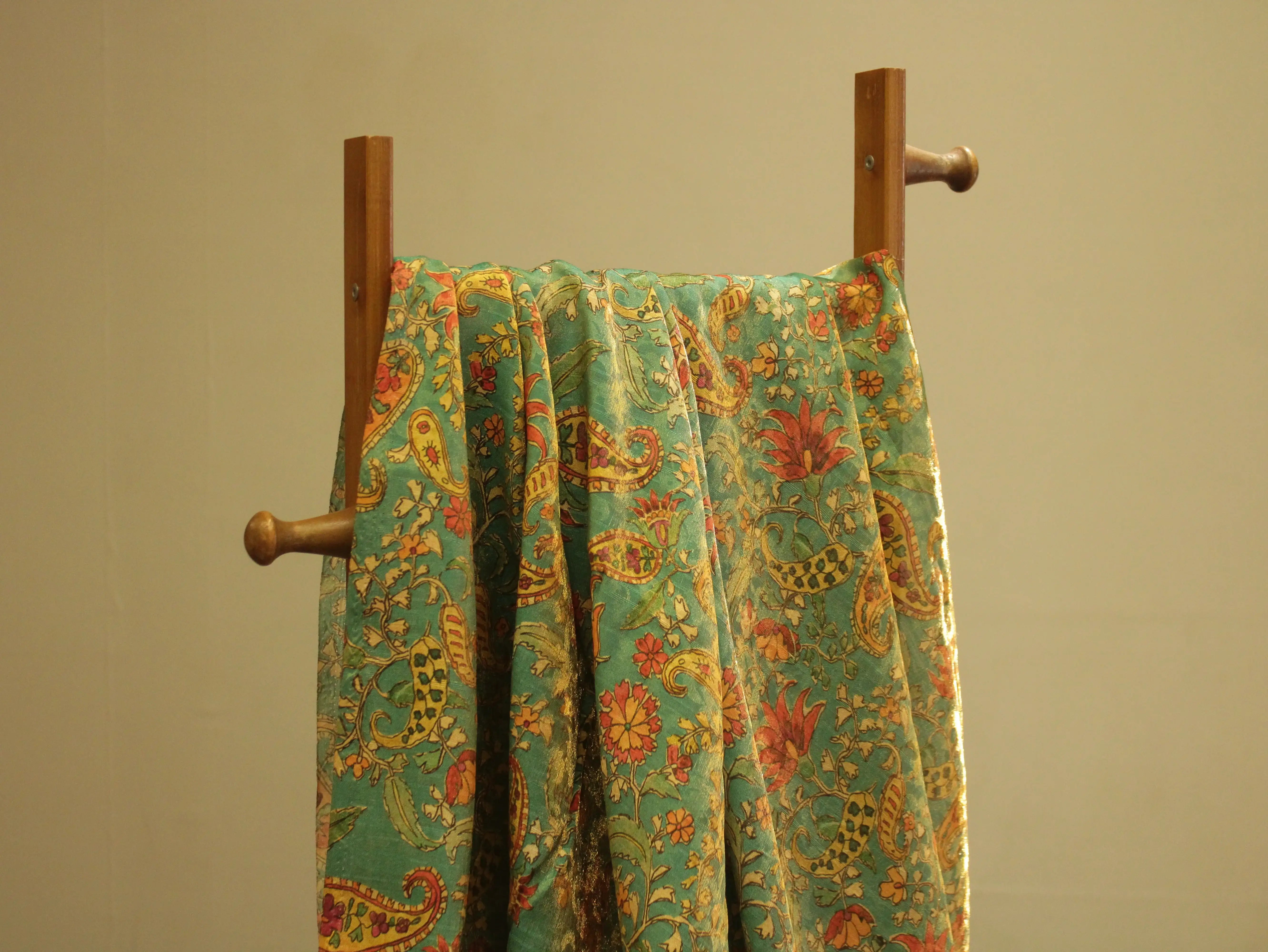 Pure Raw Silk Kalamkari Digital Print Fabric with Subtle Shine