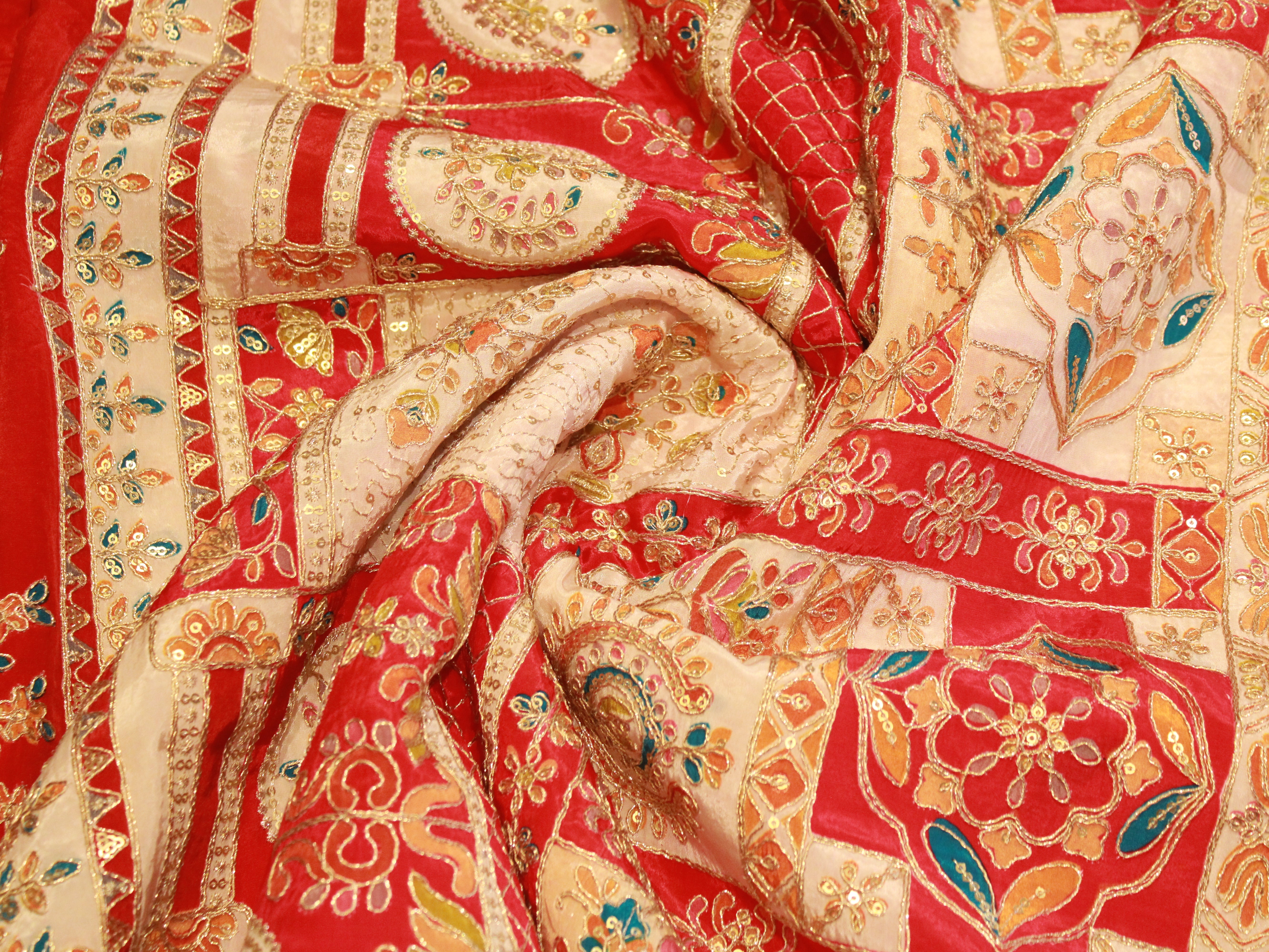 POSH : Premium Coding Work Natural Crepe Fabric  - Red