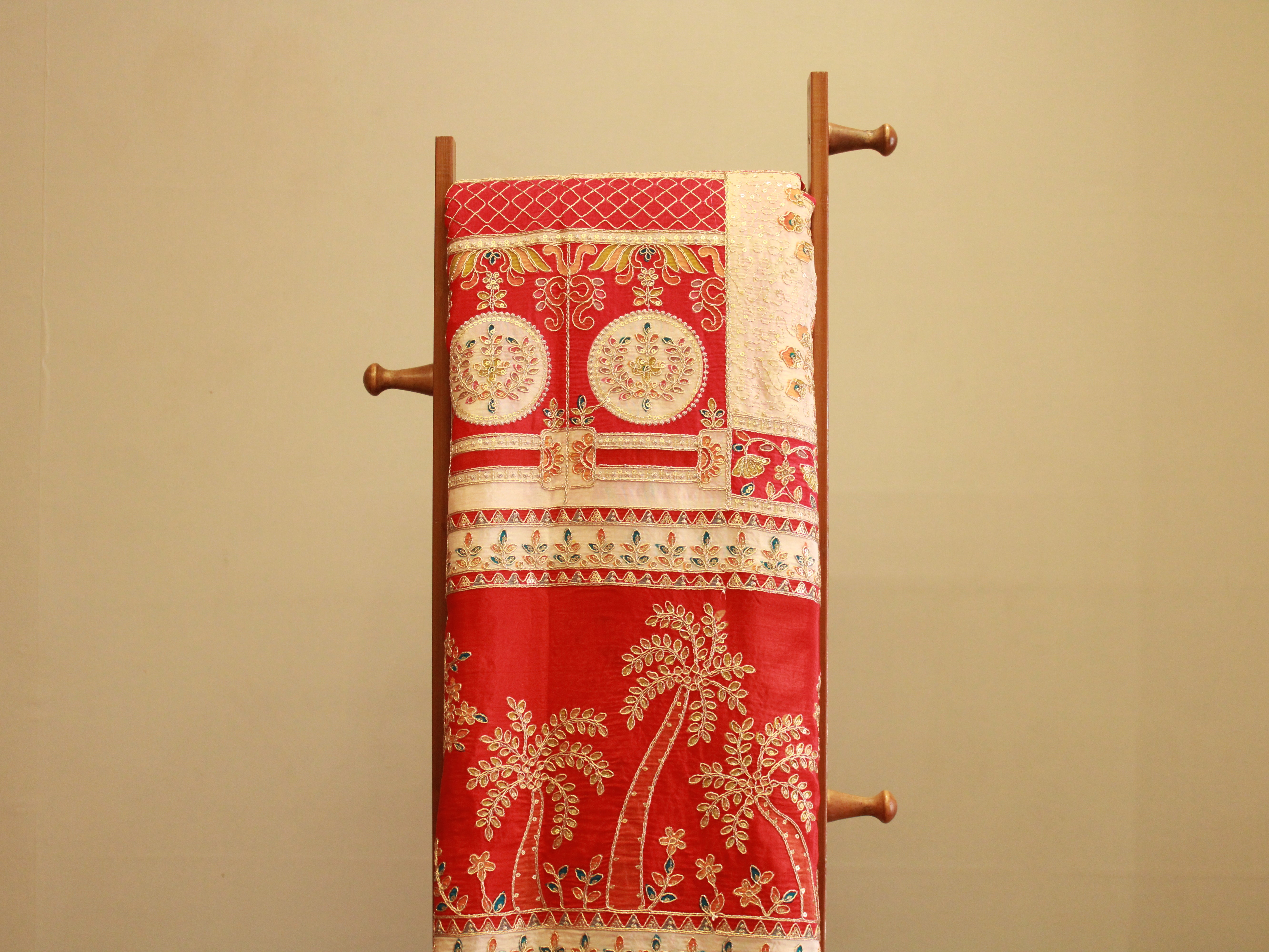 POSH : Premium Coding Work Natural Crepe Fabric  - Red
